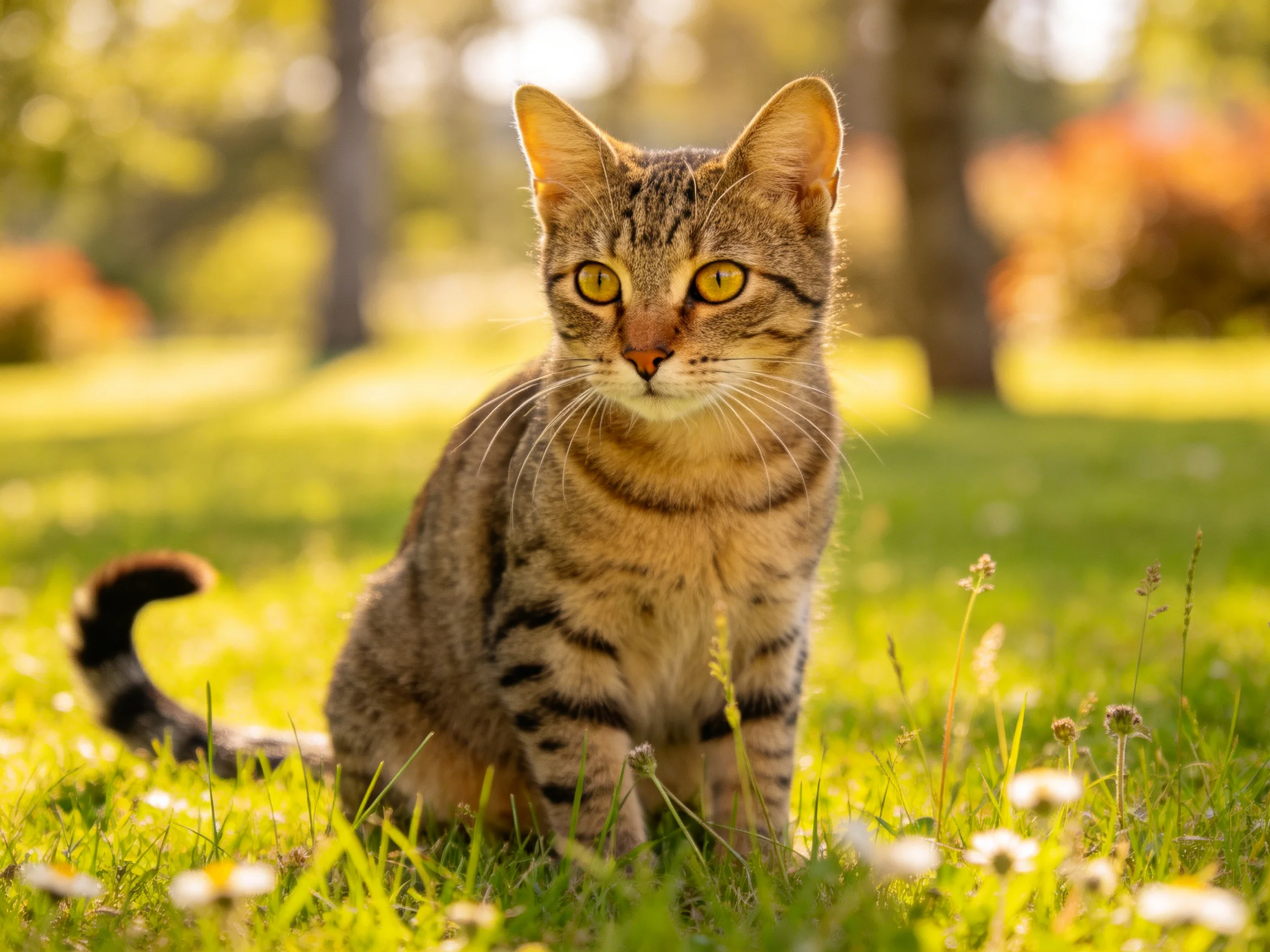 A brown tabby cat sits among green grass and white flowers in a sunlit outdoor setting.