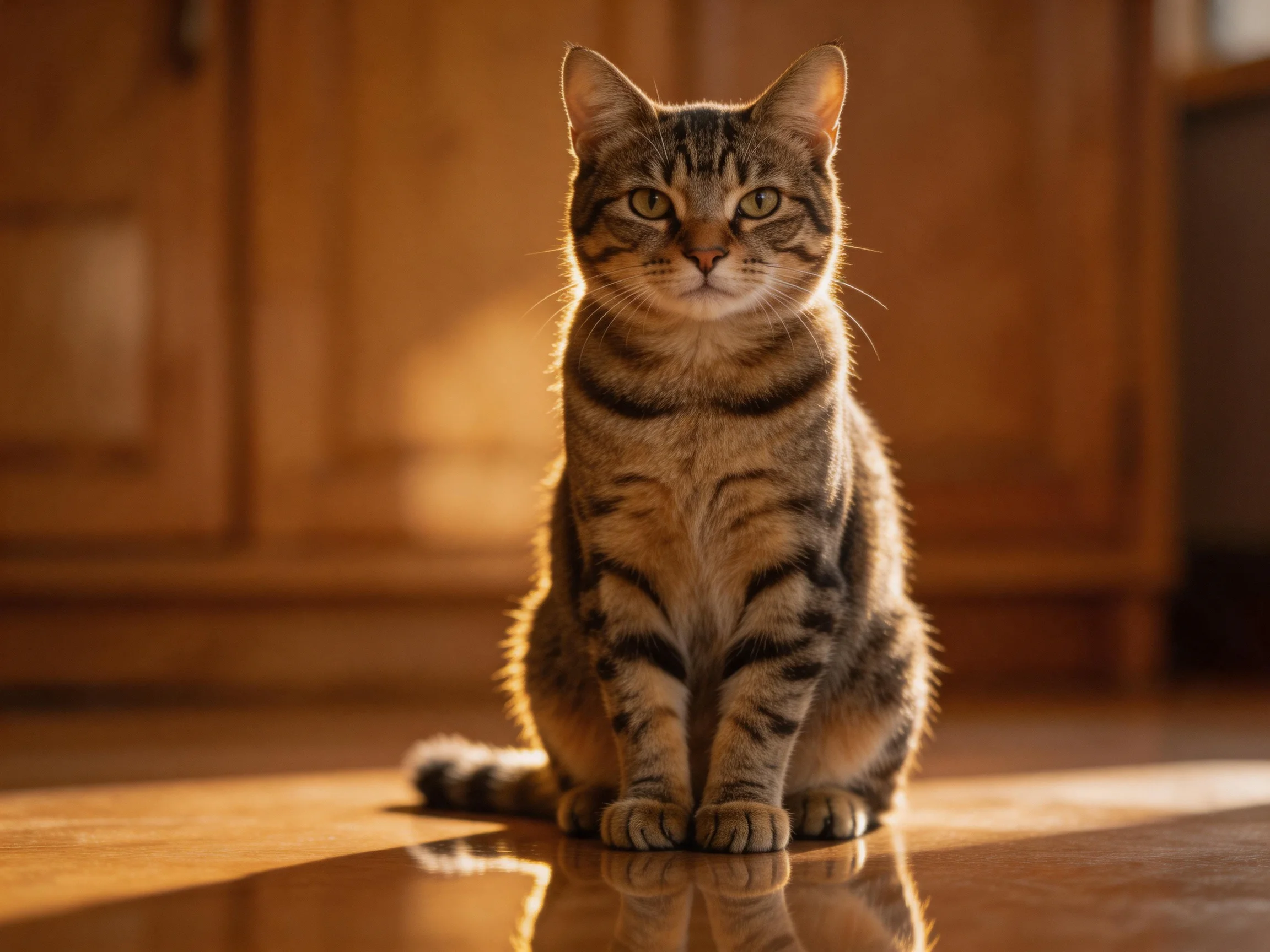 A brown-tabby cat sits in warm golden light near wooden cabinetry