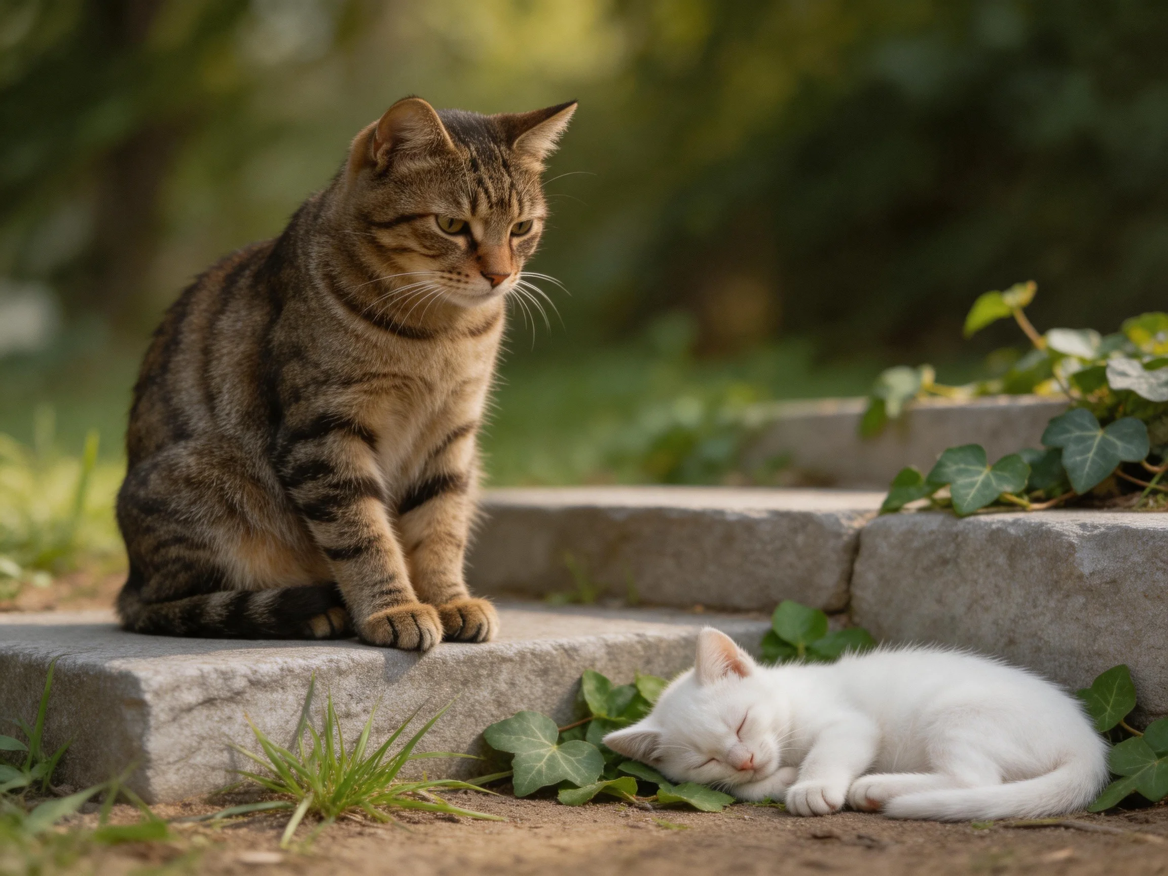 A brown tabby cat sits near a sleeping white kitten on stone steps