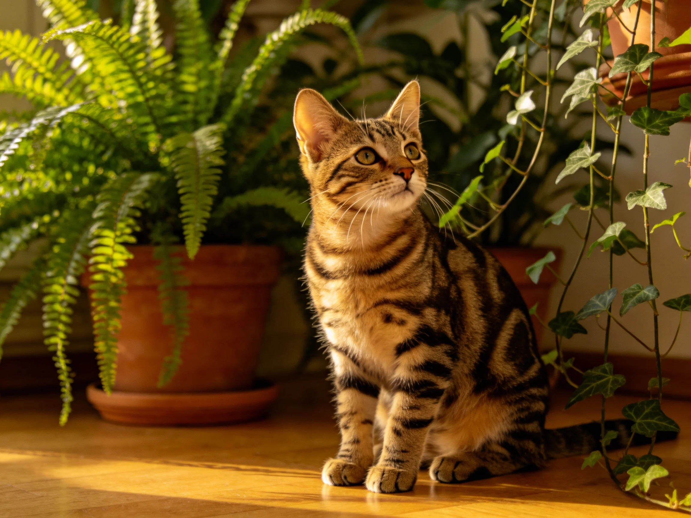 A tabby cat sits near lush green houseplants on a sunlit wooden floor