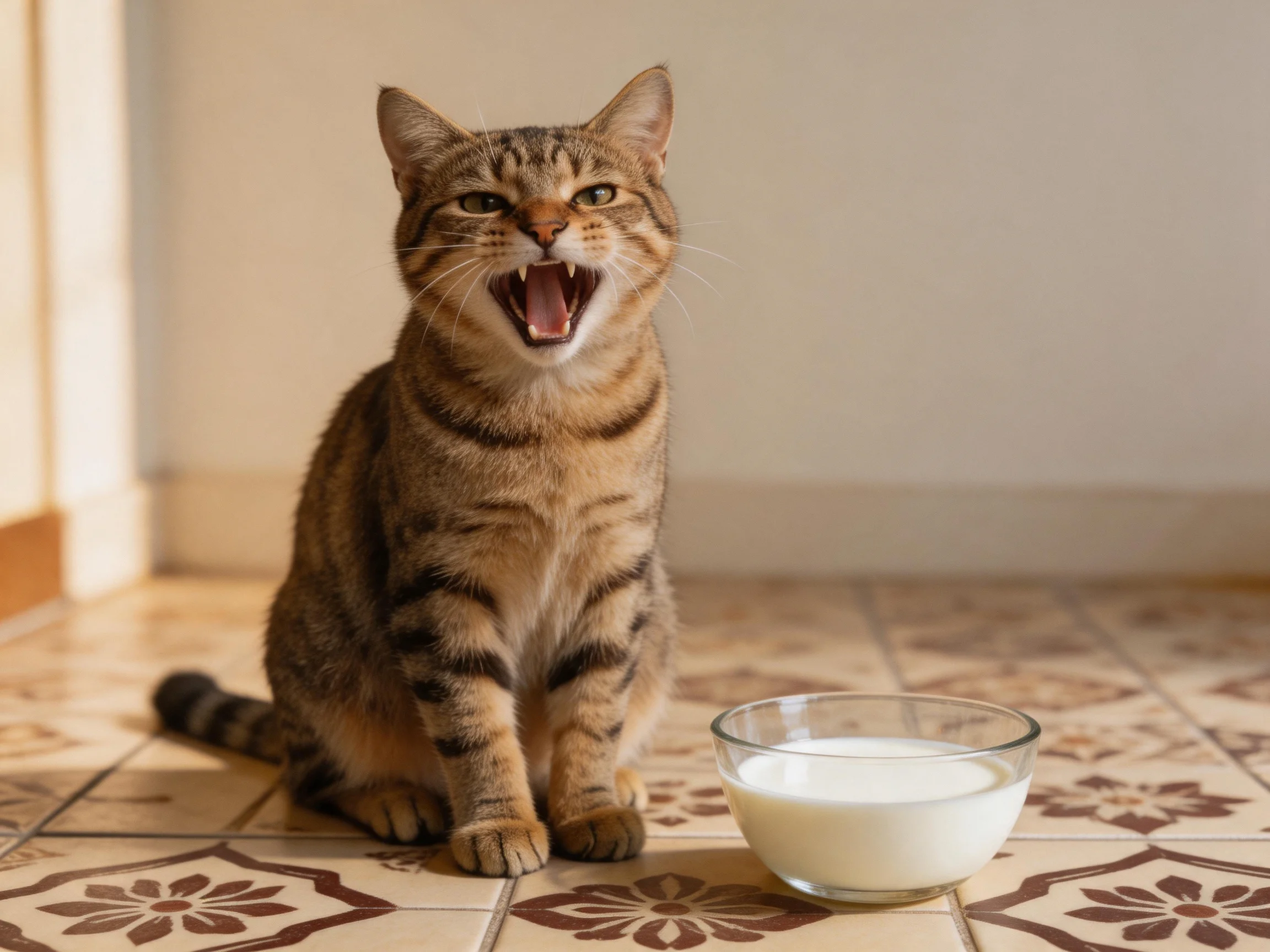 A brown tabby cat sits next to a glass of milk on decorated tiles