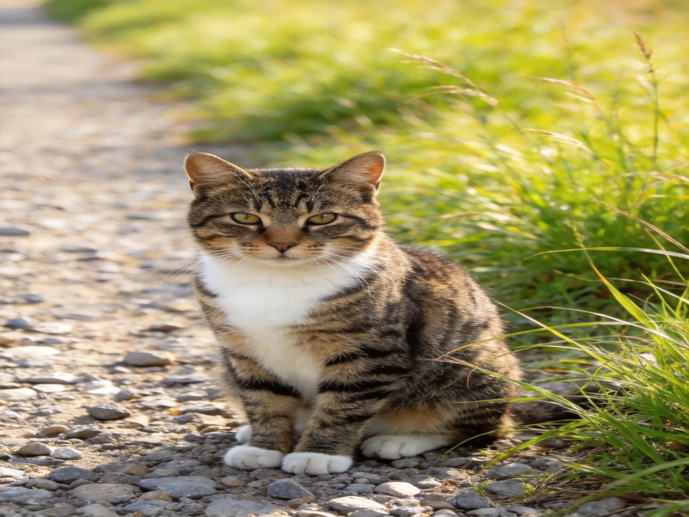 A brown-tabby cat sits on a gravel path beside lush green grass