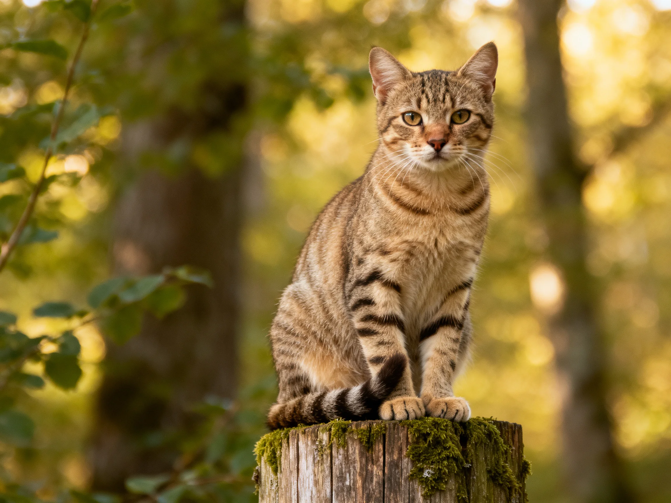A brown tabby cat sits calmly on a moss-covered wooden stump in a sunlit forest.