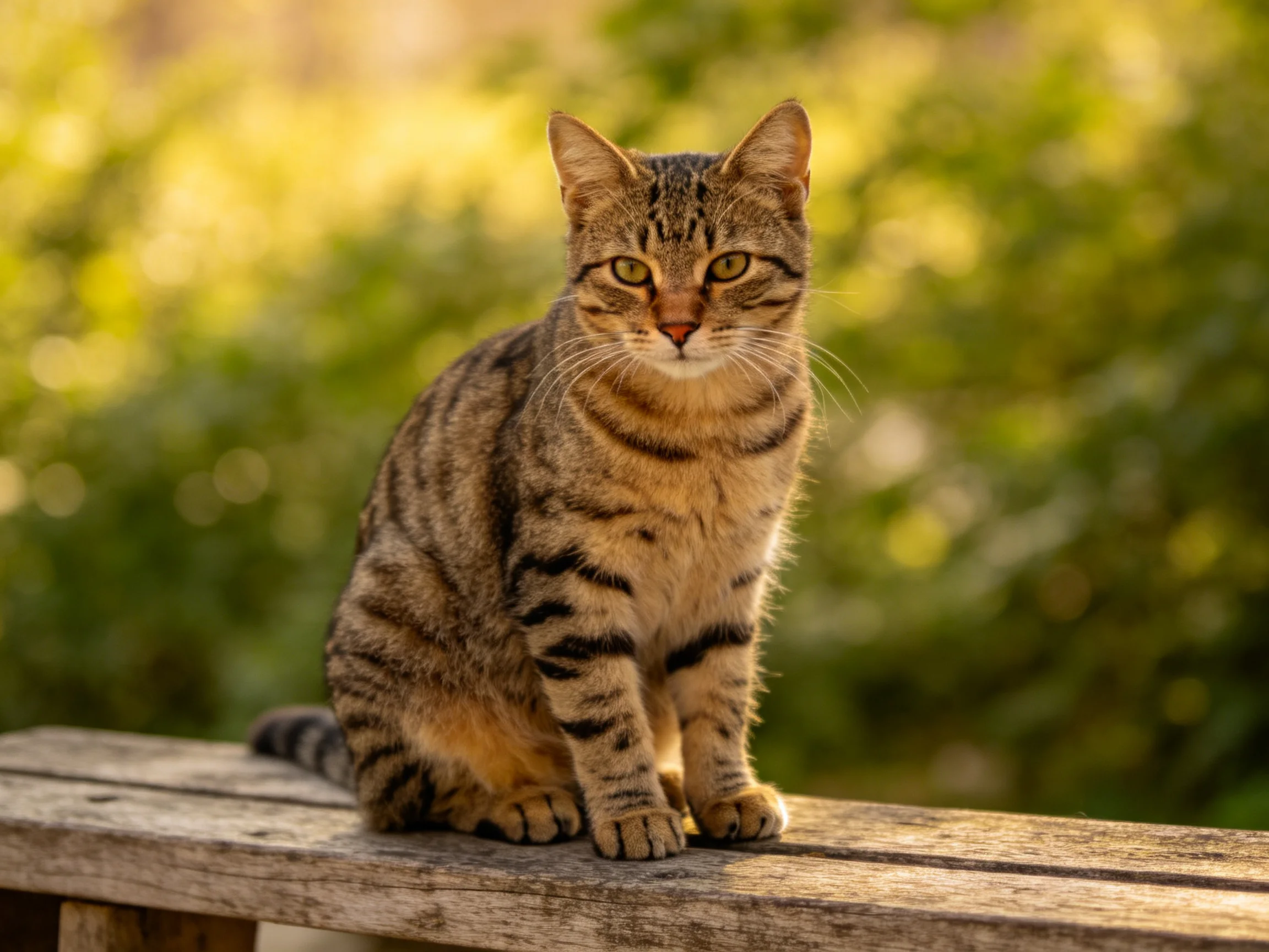 A tabby cat sits on a wooden structure surrounded by greenery.
