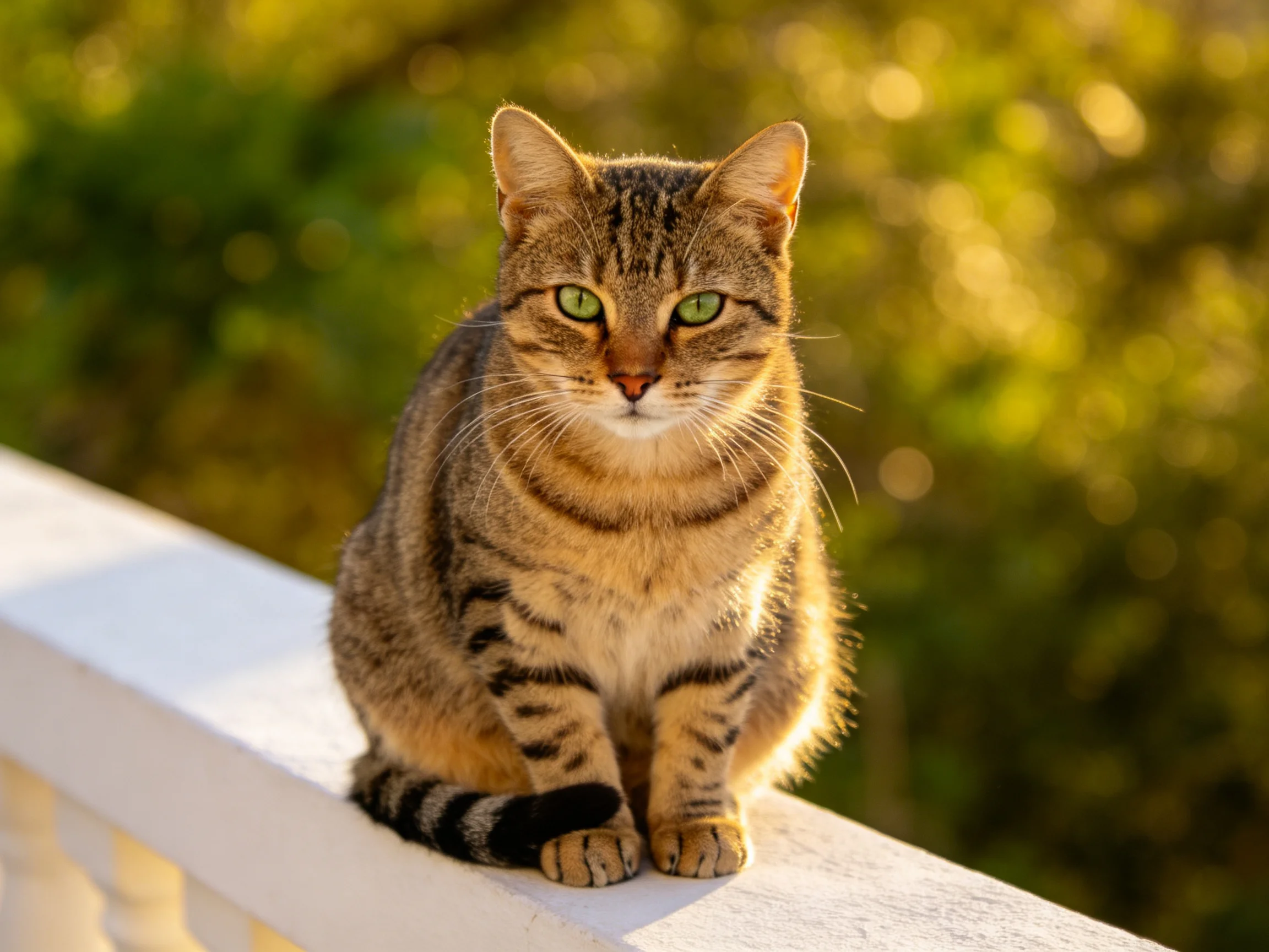 A brown tabby cat sits on a white railing with golden-green backdrop