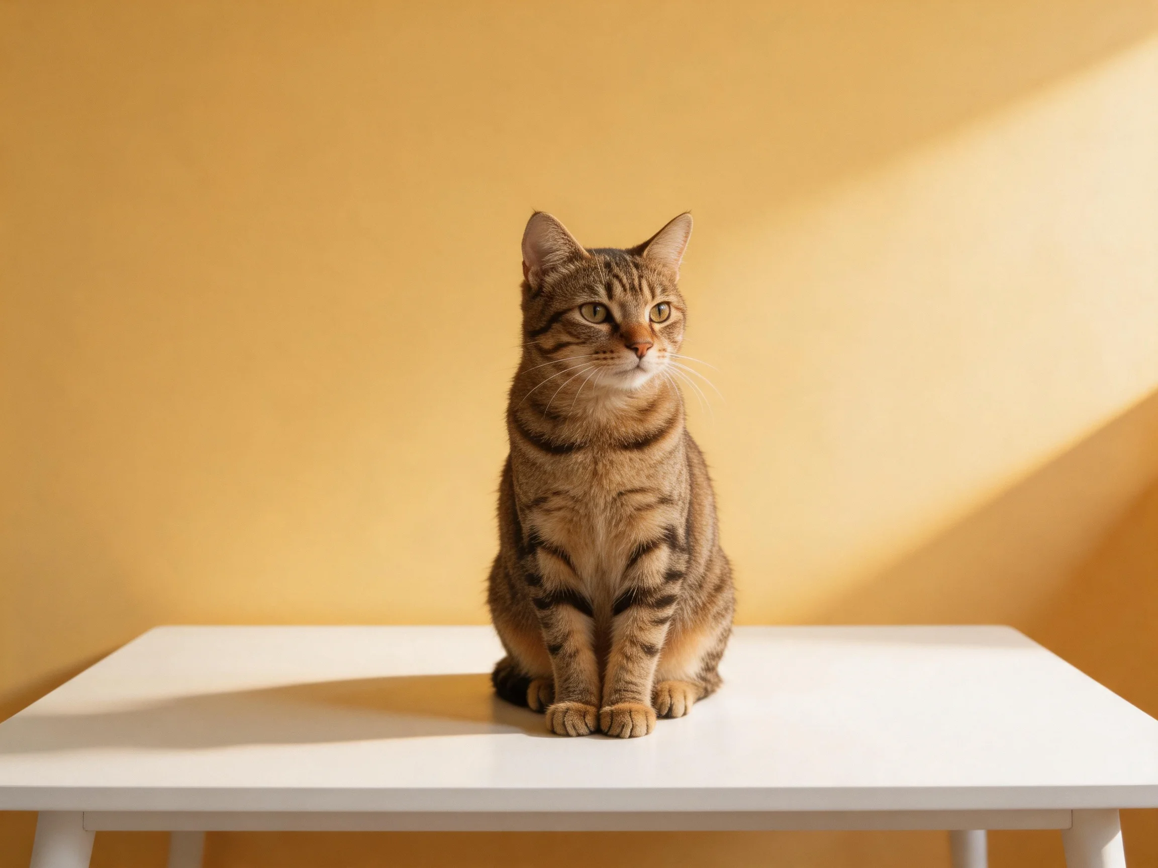 A brown tabby cat sits on a white table against a warm yellow wall