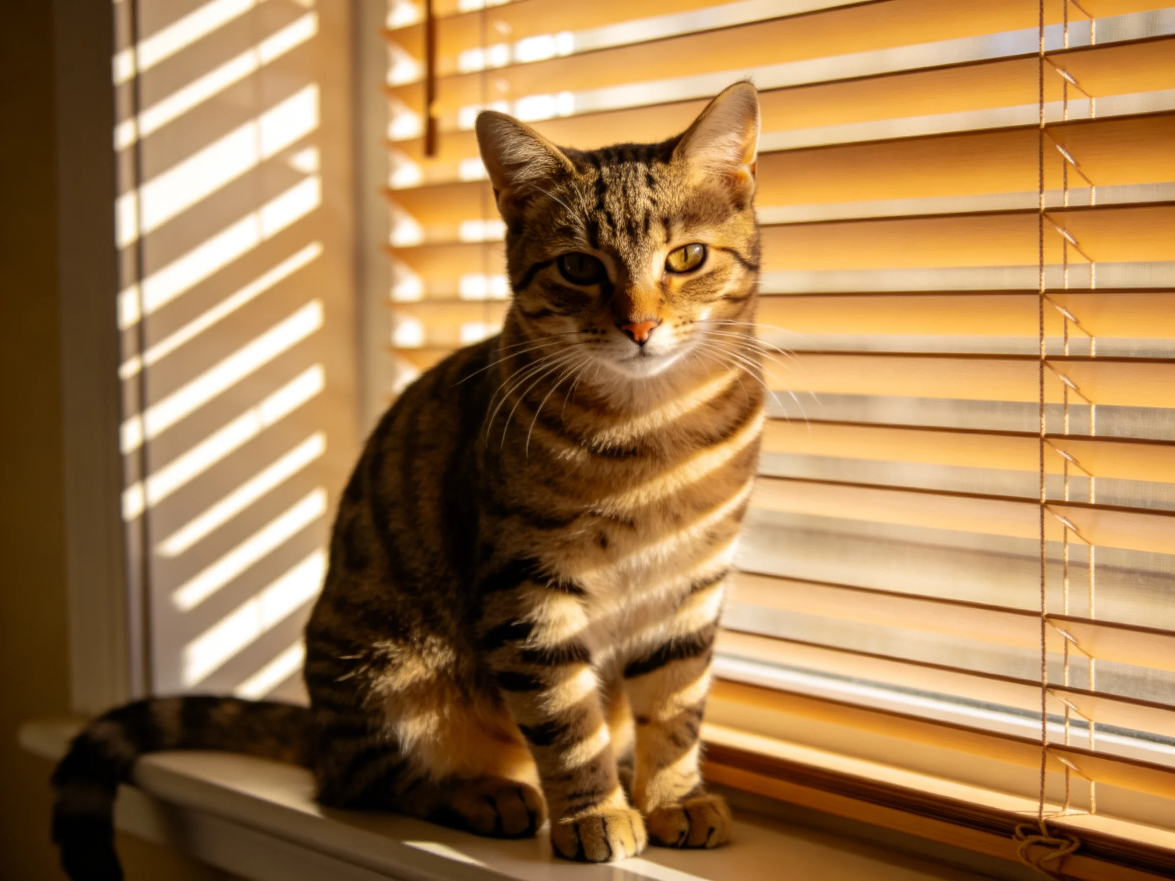 A brown tabby cat sits on a windowsill near golden blinds