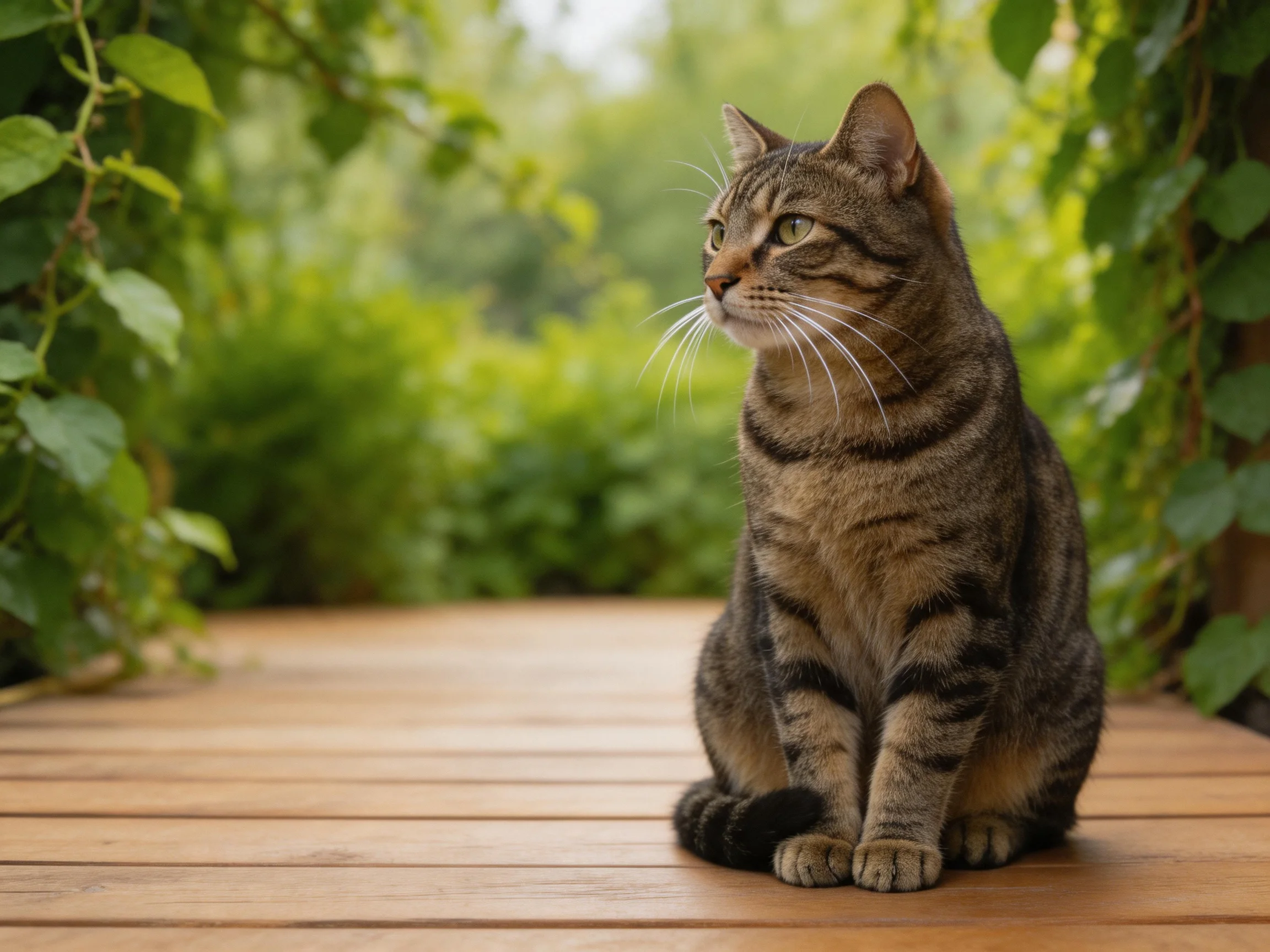 A brown tabby cat sits on a wooden deck in a verdant outdoor setting.