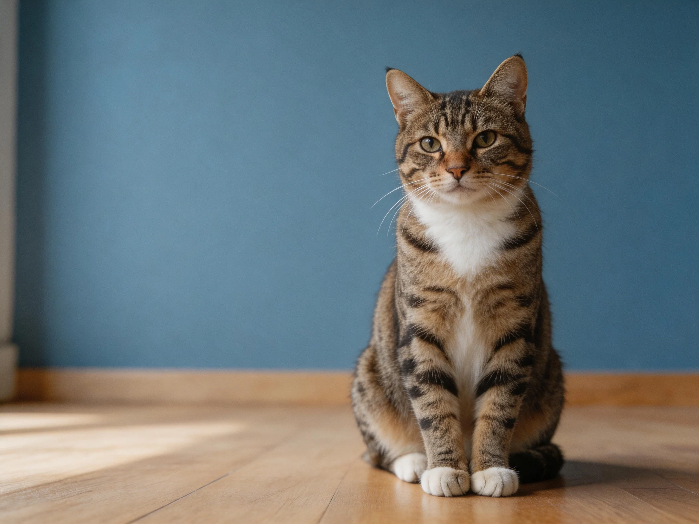 A tabby cat sits calmly on a wooden floor with a blue wall behind.