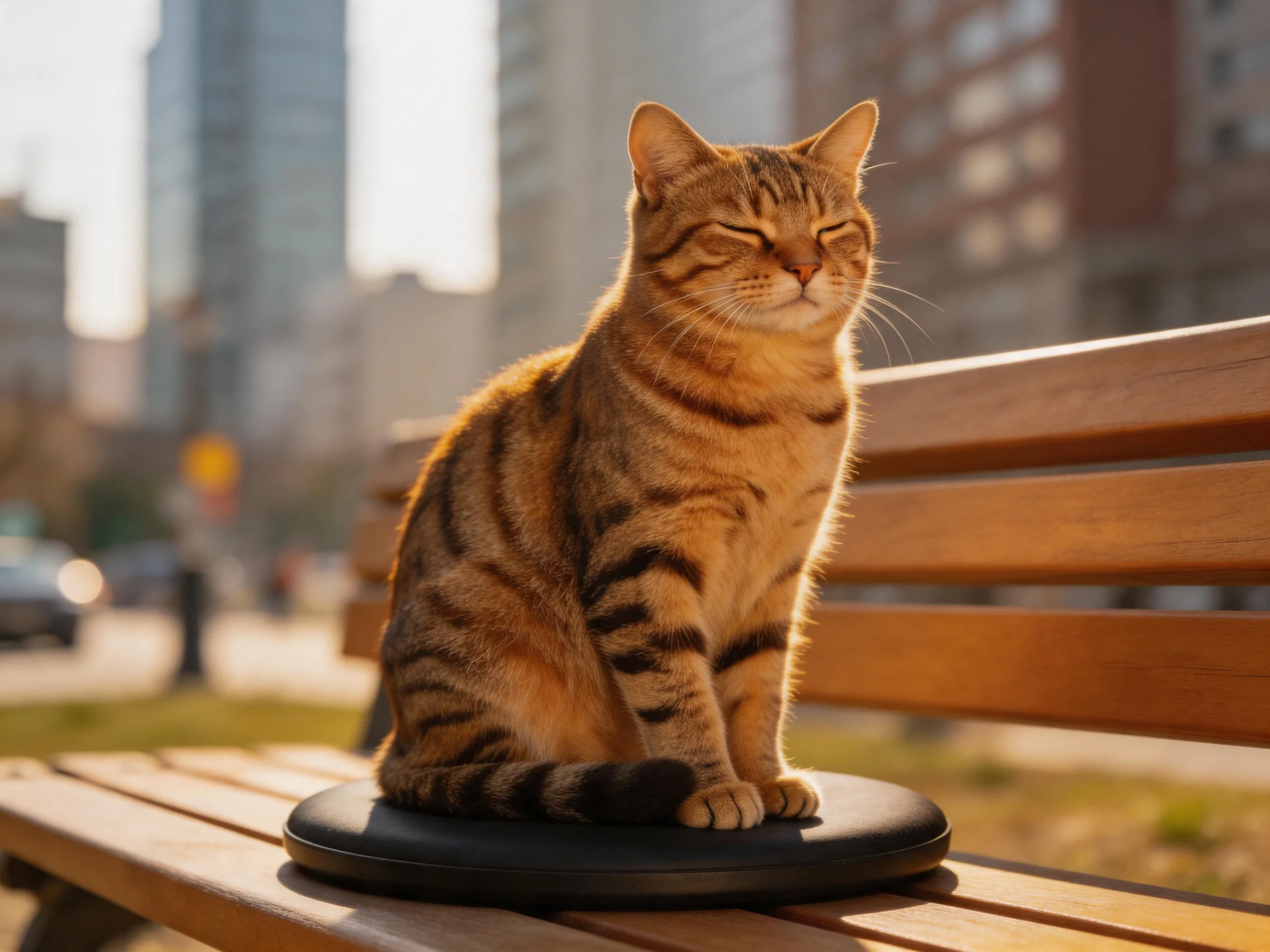 A brown tabby cat sits calmly on a wooden bench in an urban outdoor setting.