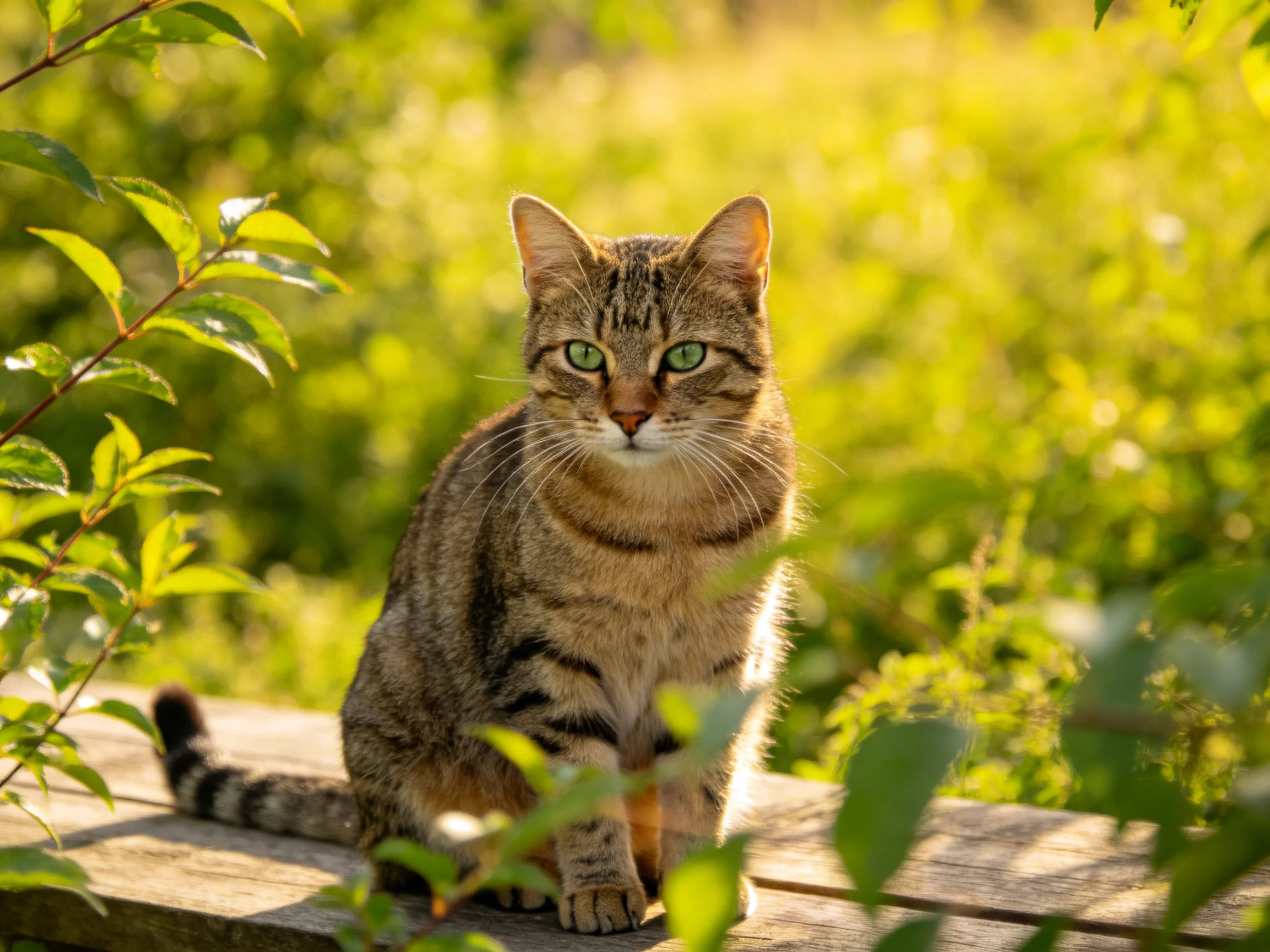 A brown tabby cat rests on a wooden plank in a sunlit leafy area.