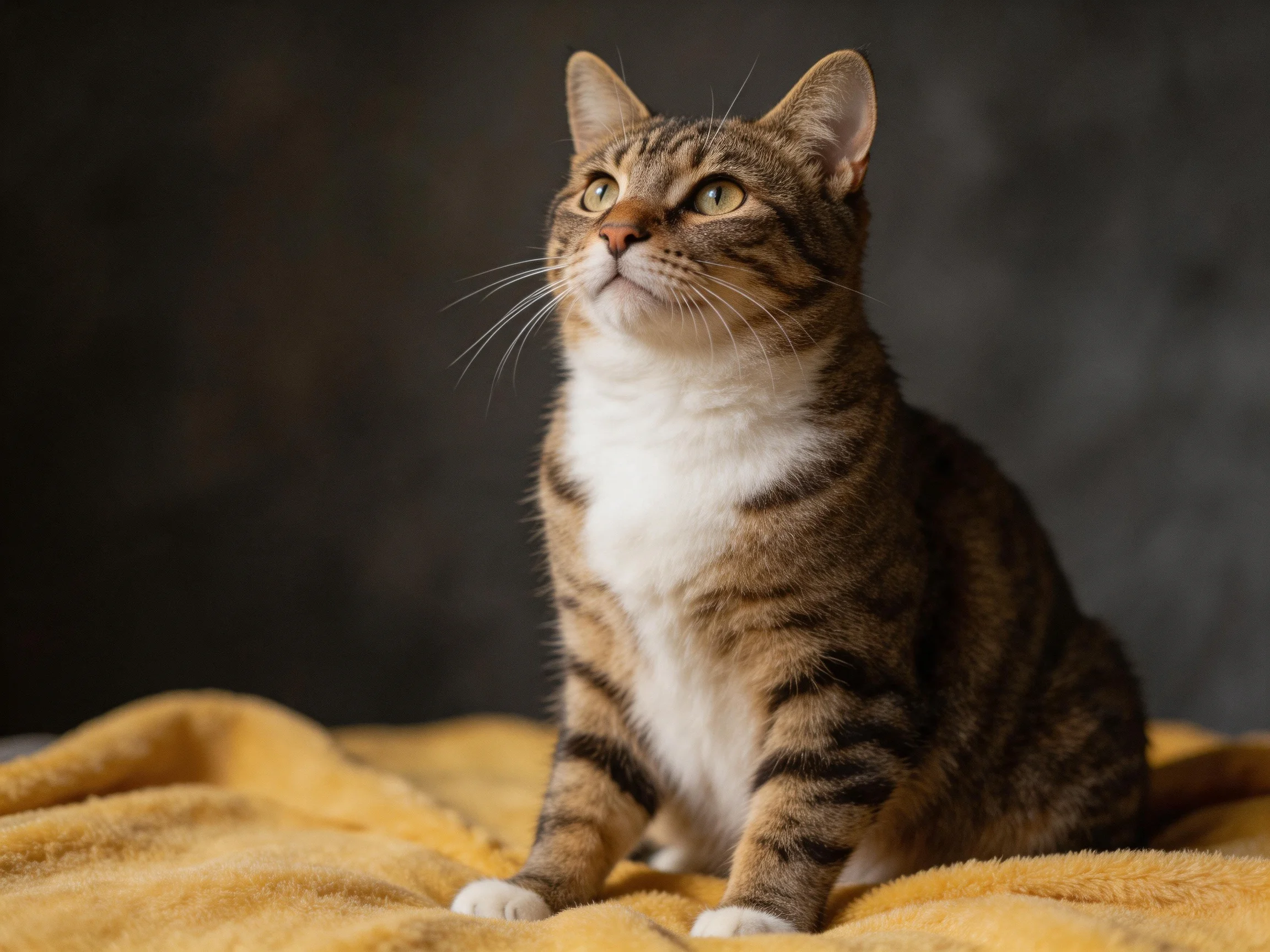 A brown tabby cat sits on a yellow blanket with a dark backdrop.