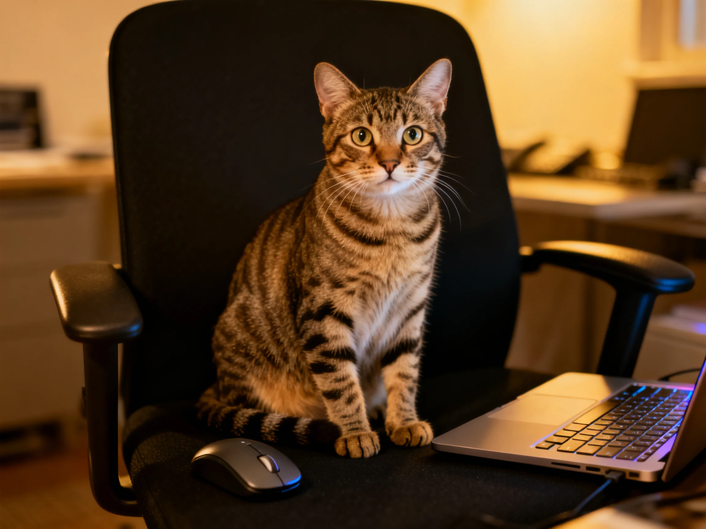 A brown tabby cat sits on an office chair near a silver laptop