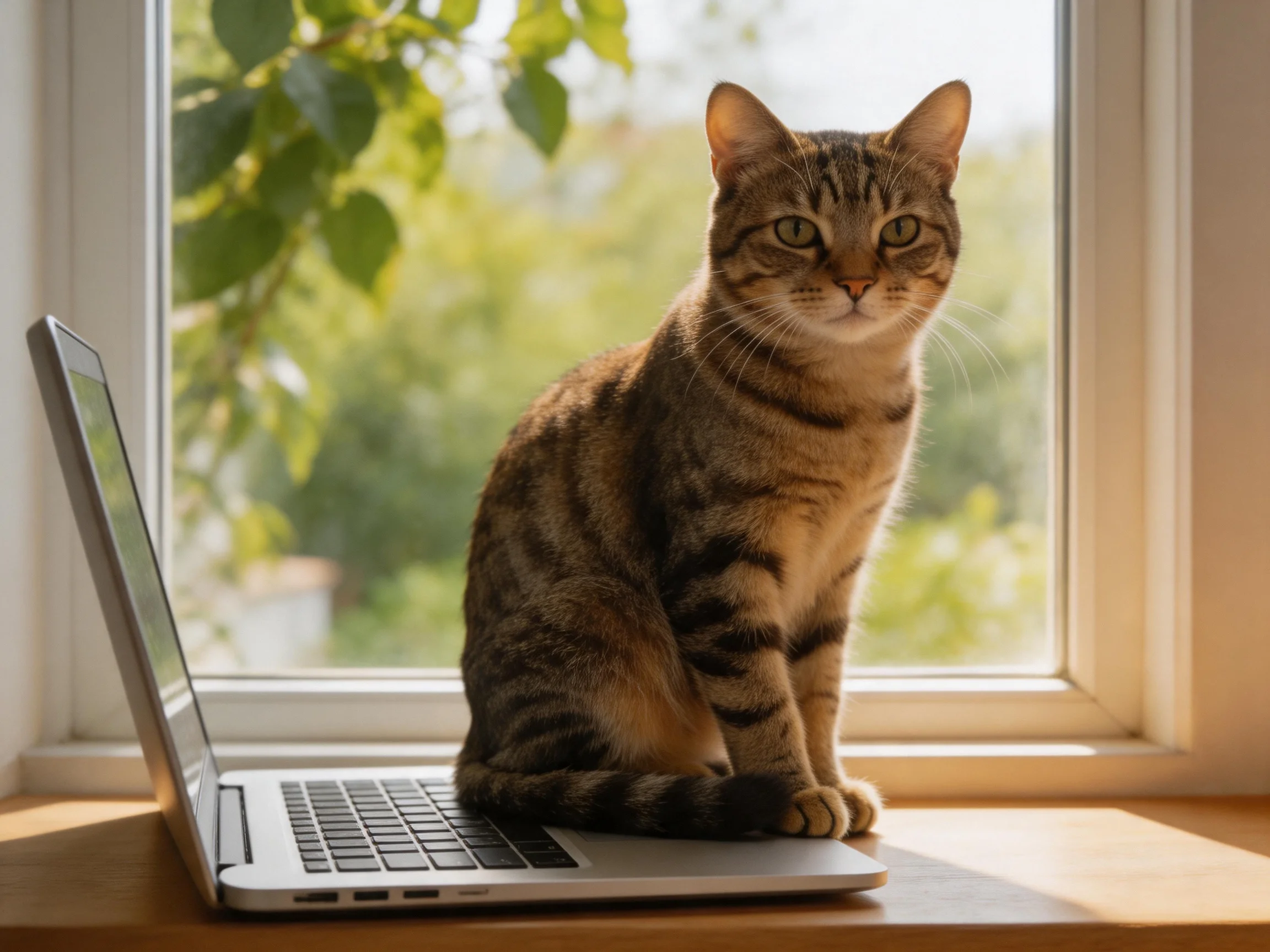 A brown tabby cat sits on an open silver laptop by a sunlitwindow with green foliage outside