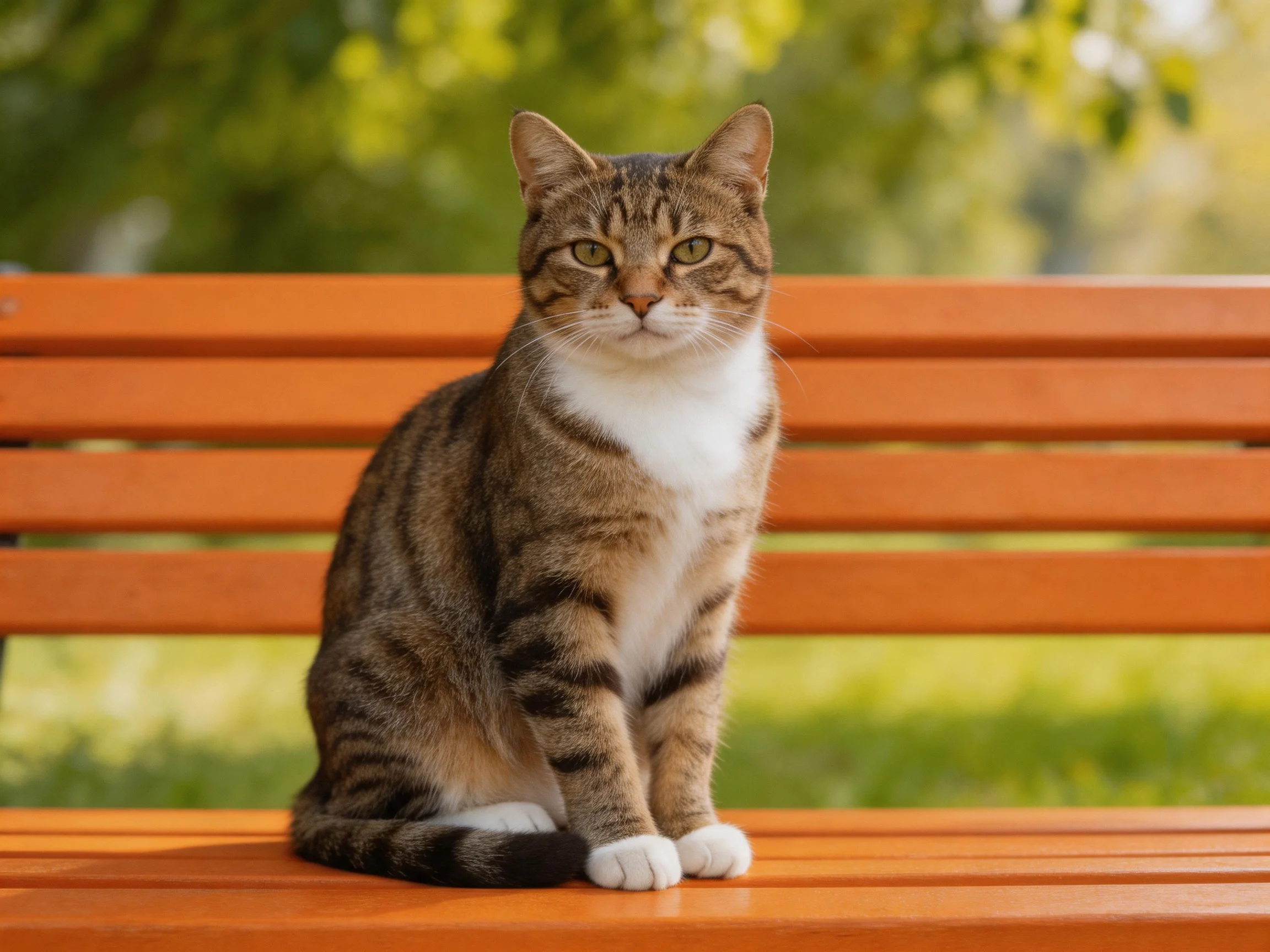 A brown tabby cat sits calmly on an orange bench in a sunlit park.