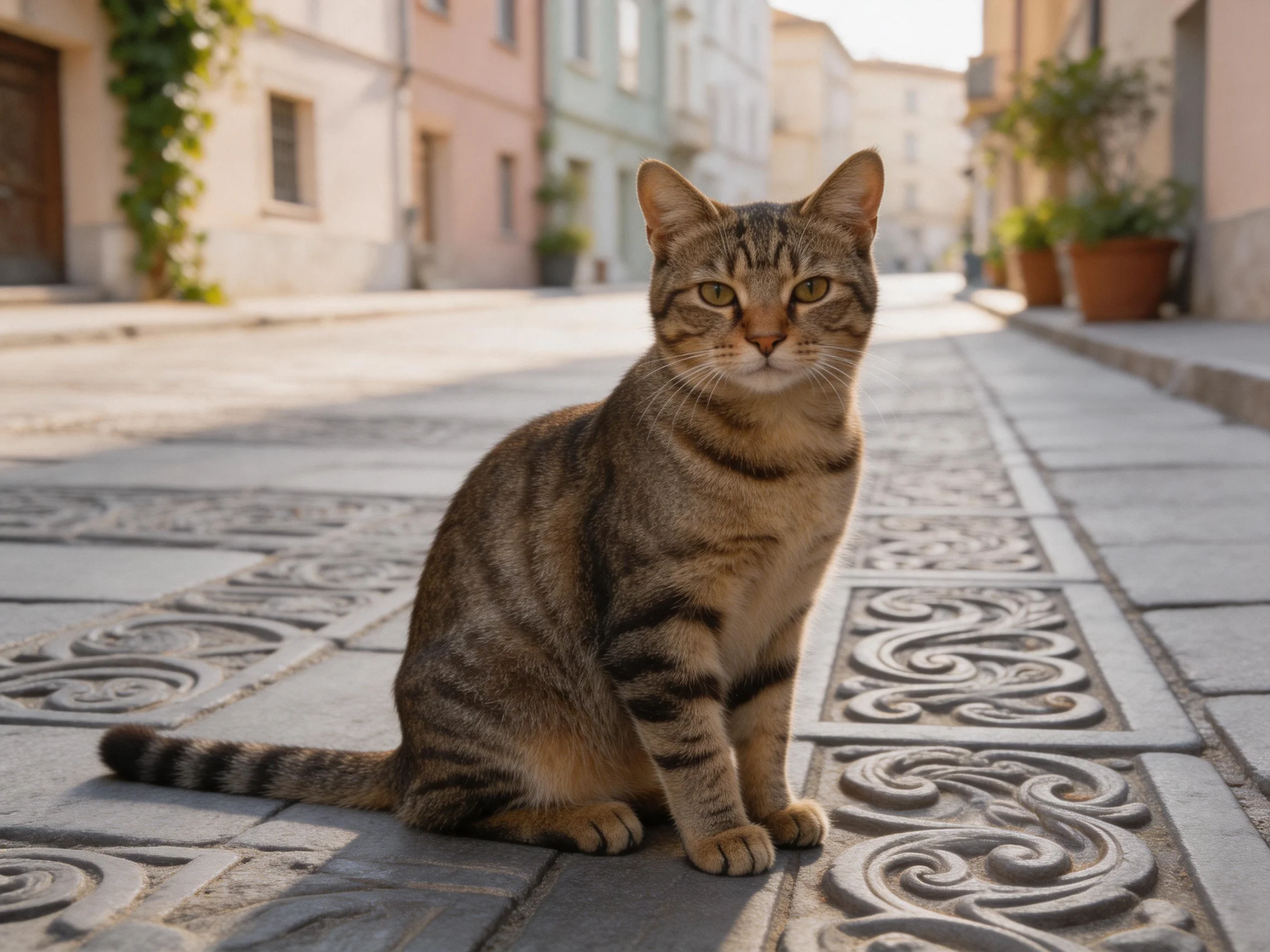 A brown tabby cat sits calmly on an ornate cobblestone street.