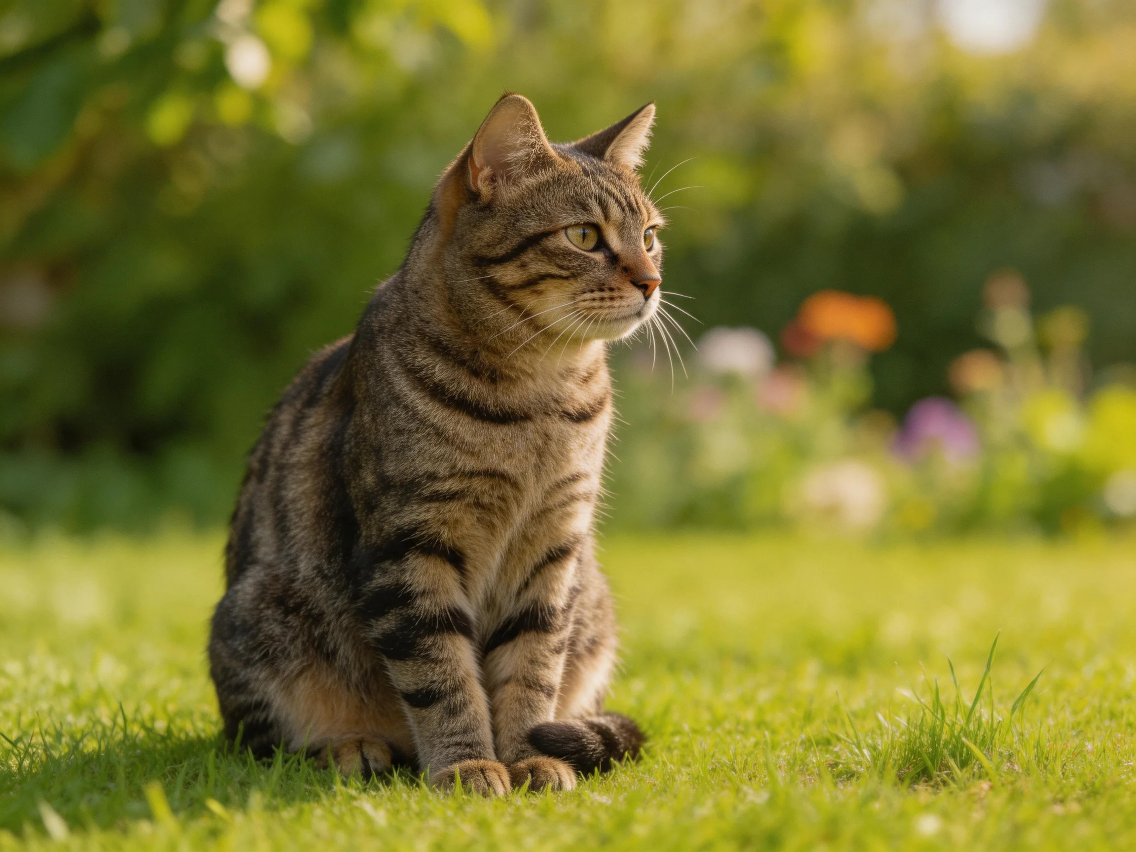 A tabby cat sits on grass in a sunlit garden