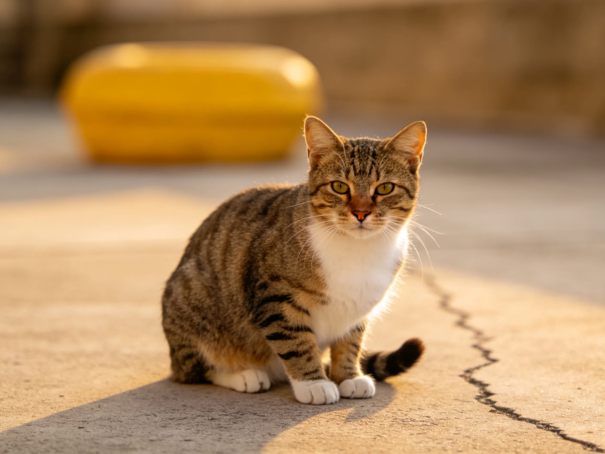 A brown tabby cat sits on pavement near a large yellow object