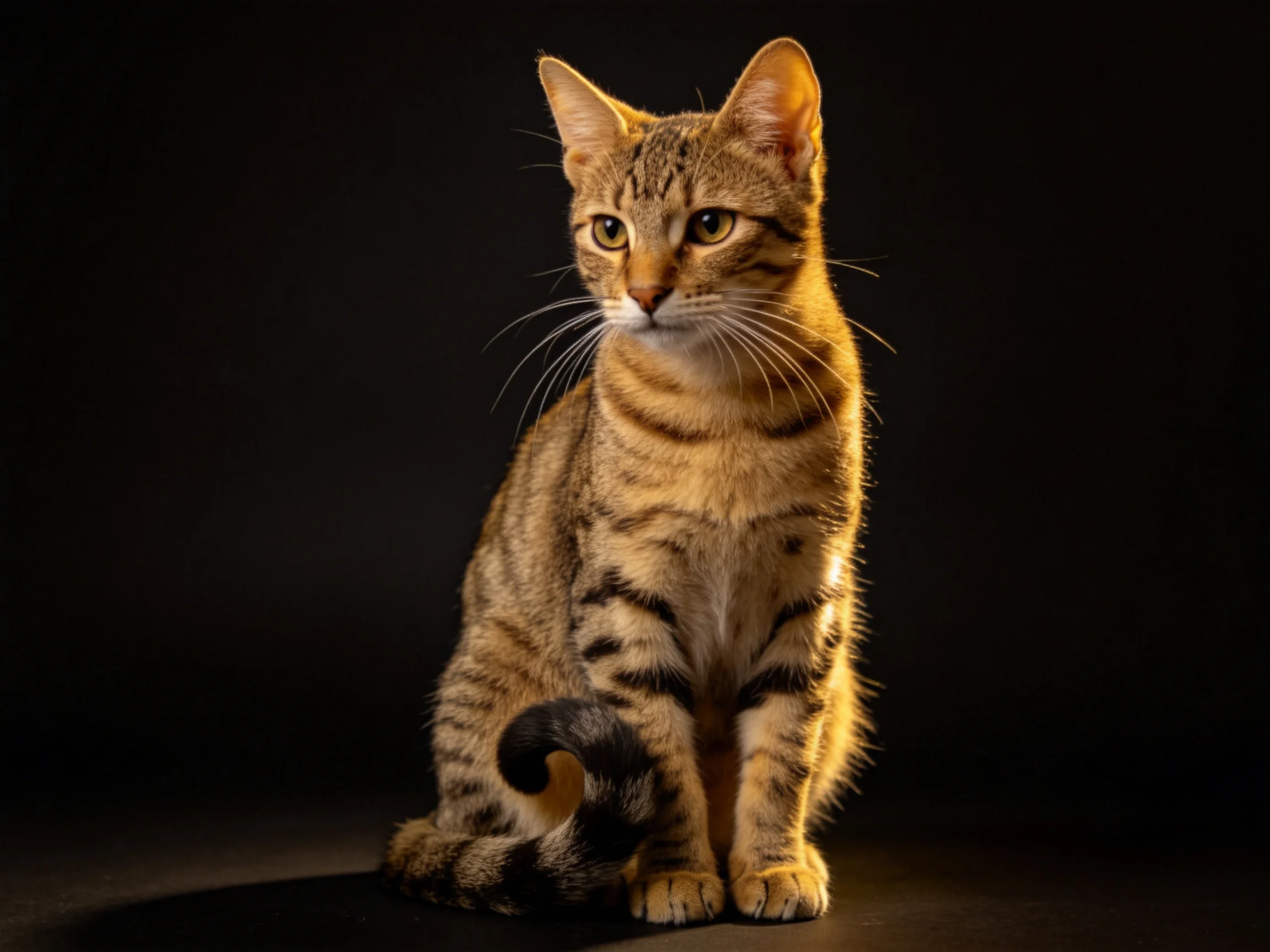 A brown tabby cat sits poised against a dark backdrop with focused lighting