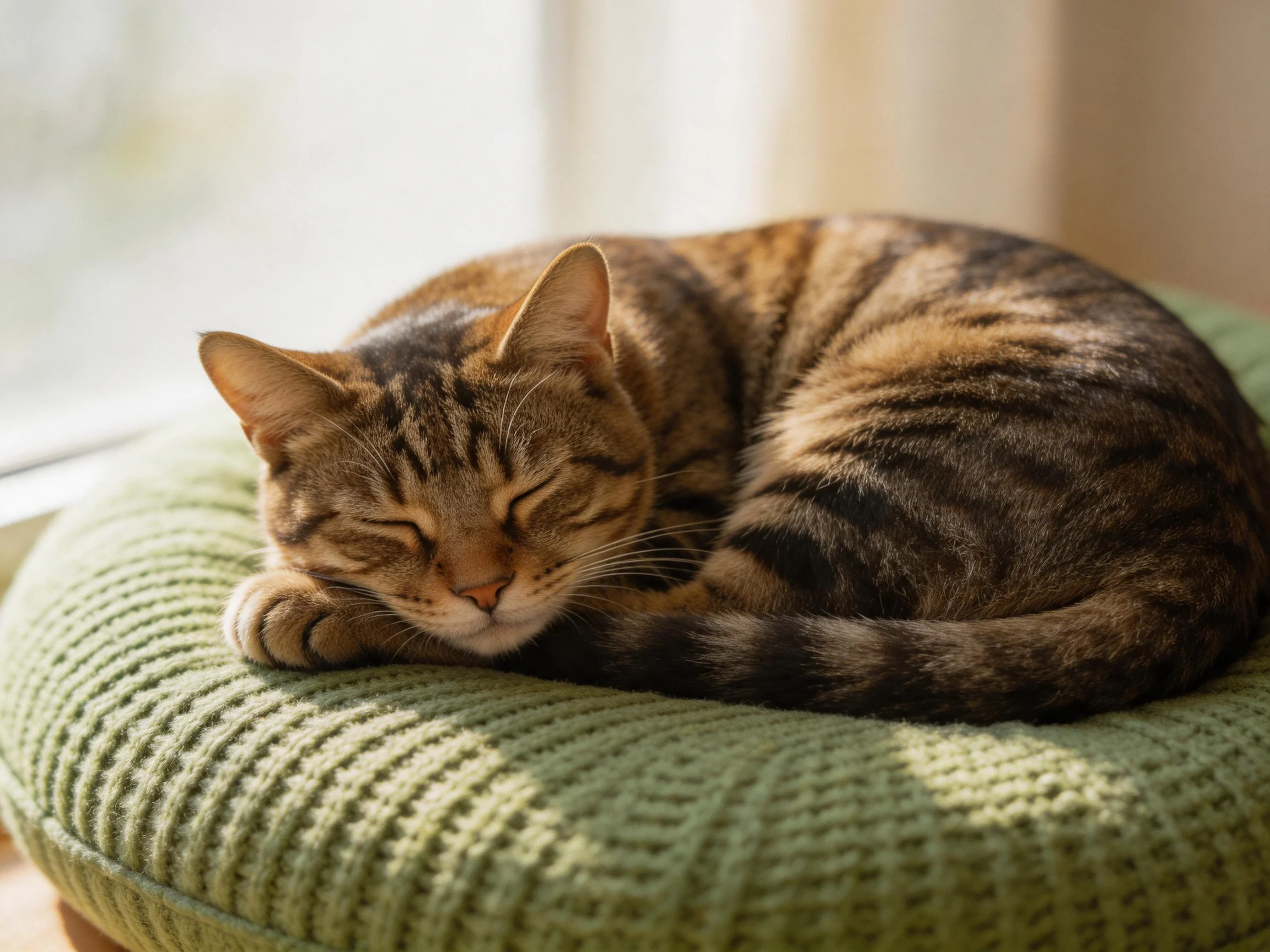 A brown tabby cat sleeps curled on a knitted green cushion by natural light