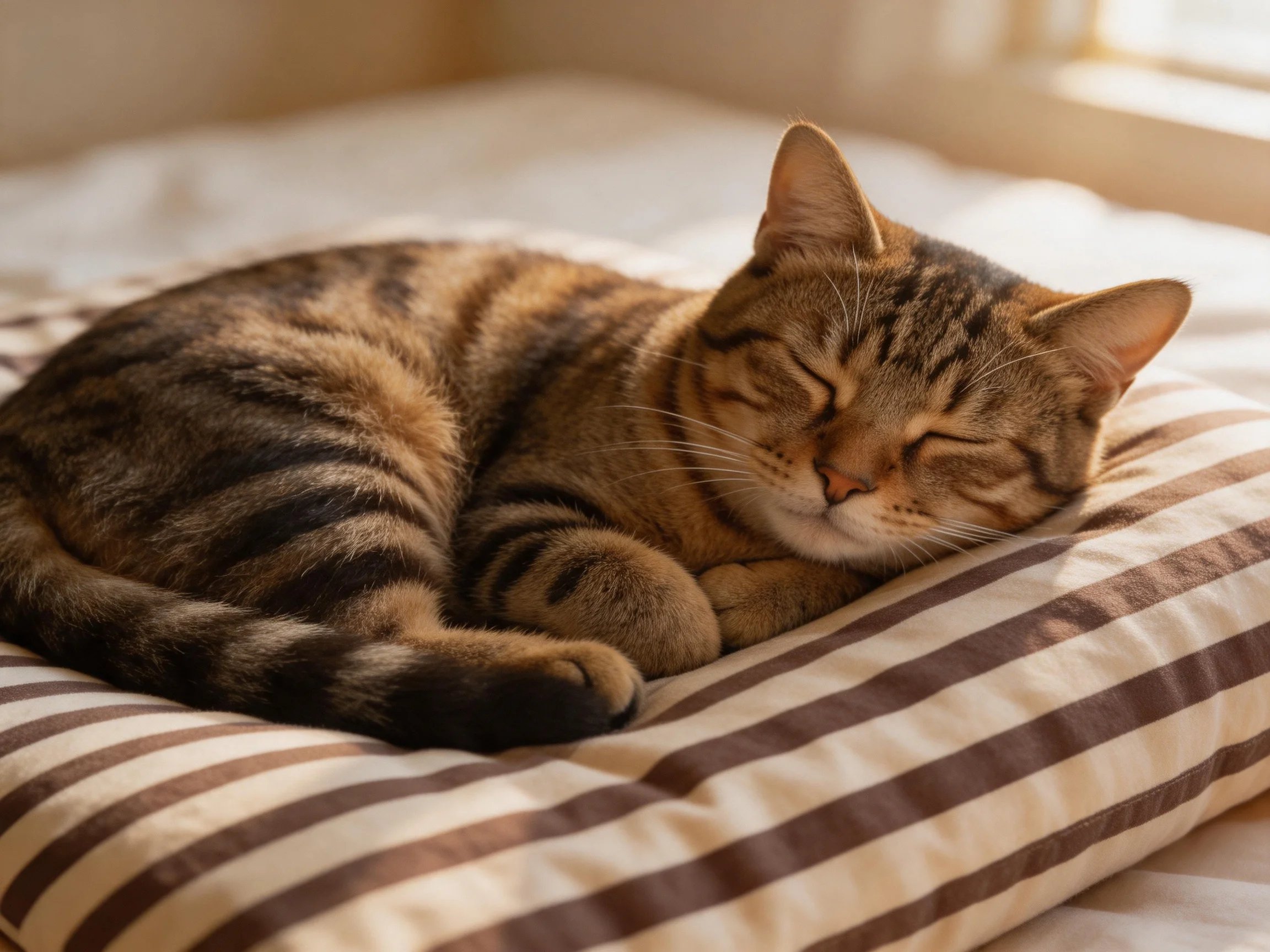 A brown tabby cat sleeps on a striped cushion in a sunlit area.