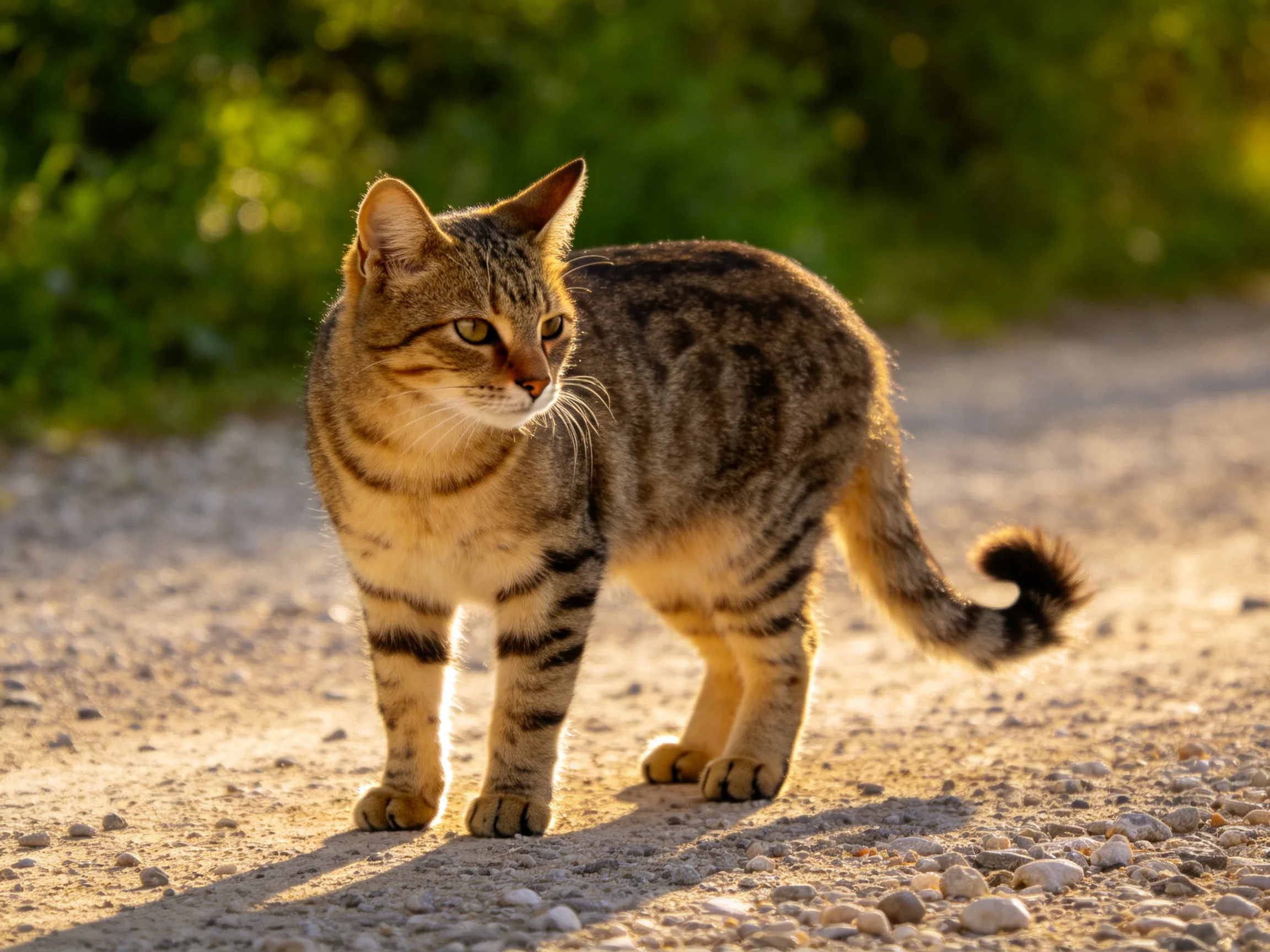 A brown-tabby cat stands on a gravel path near green foliage