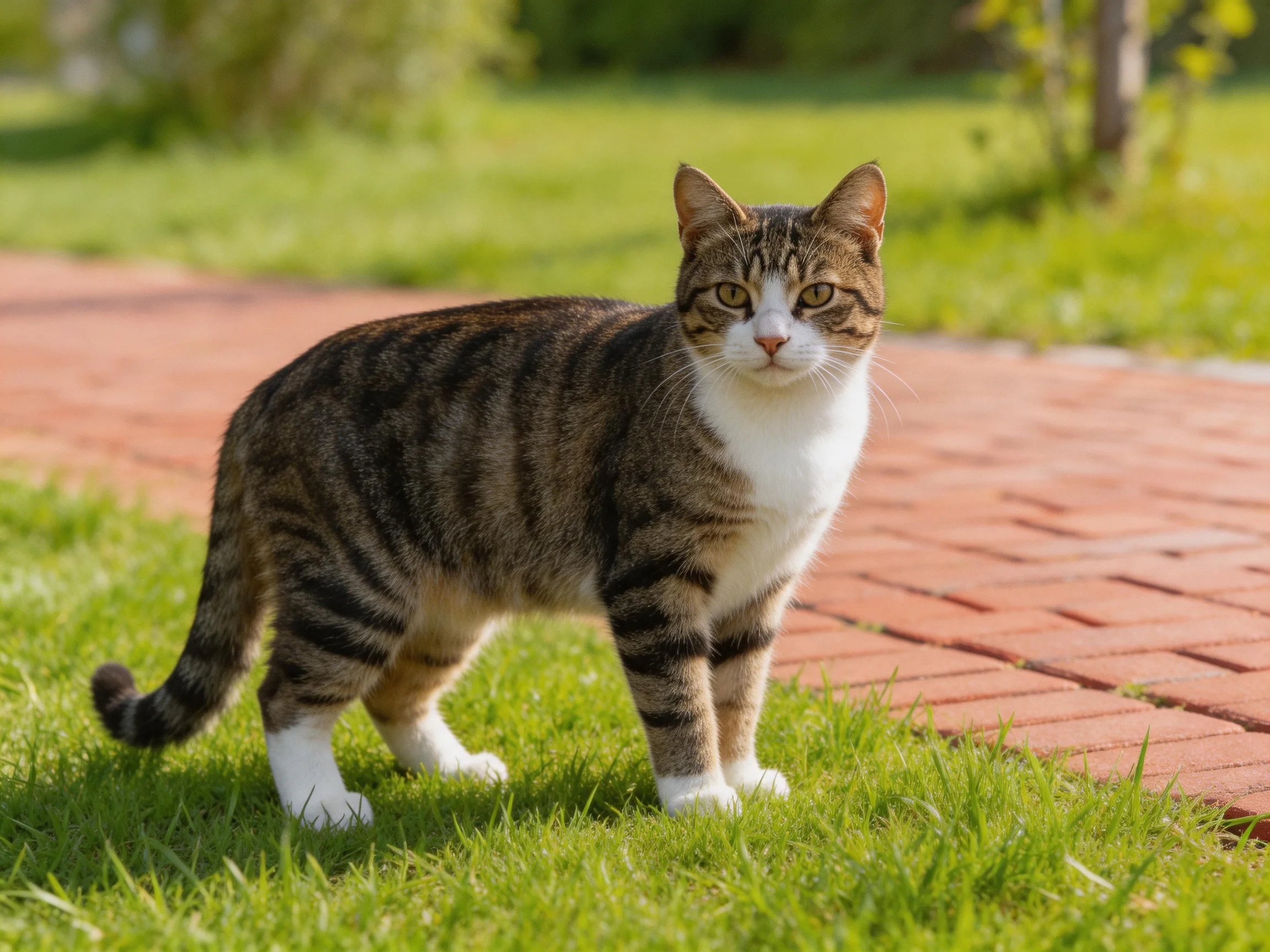 A brown-tabby cat stands on grass next to a brick pathway in bright daylight.