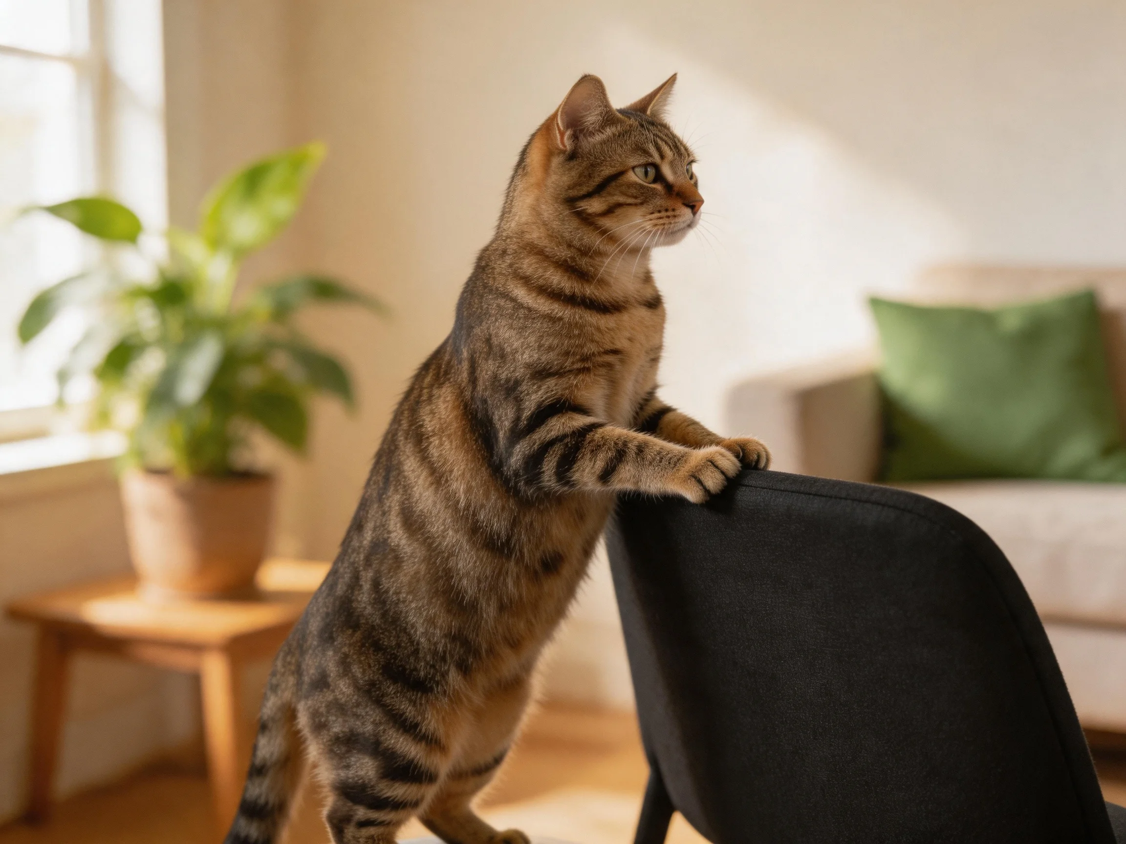 A brown tabby cat stands on hind legs beside a black chair near a green plant