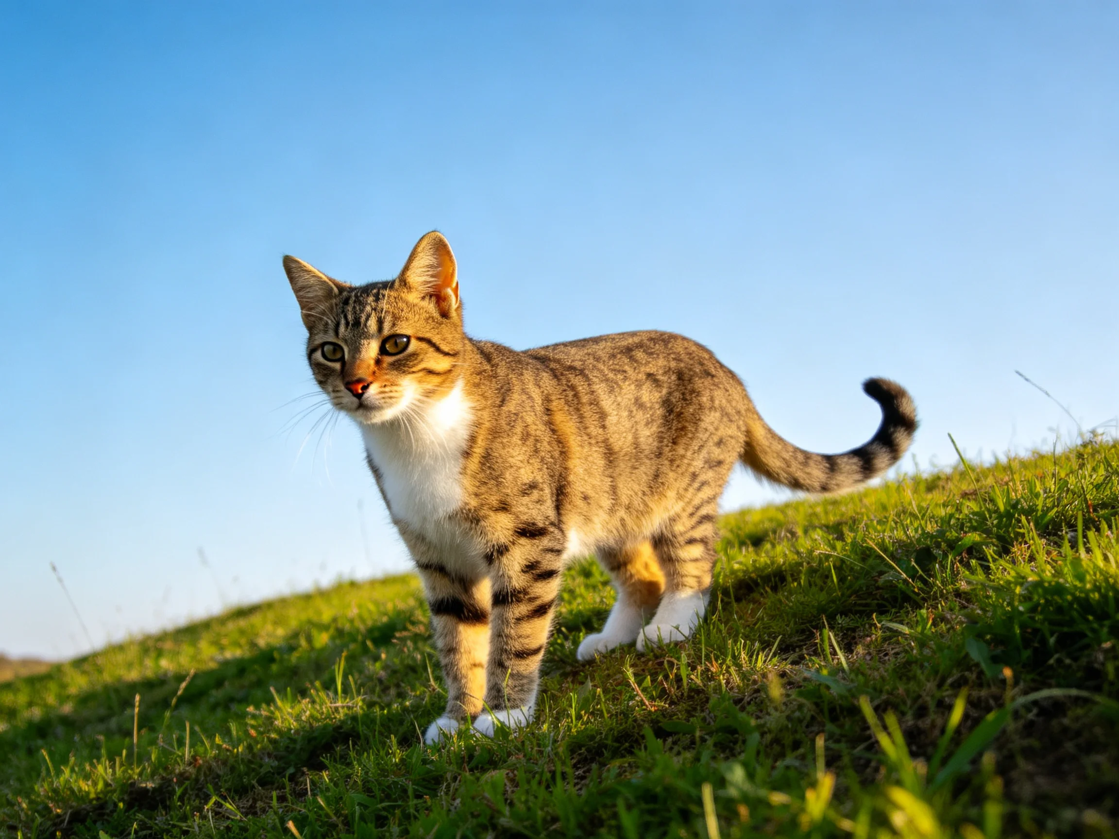A brown-tabby cat stands on green grass with a clear blue sky overhead.