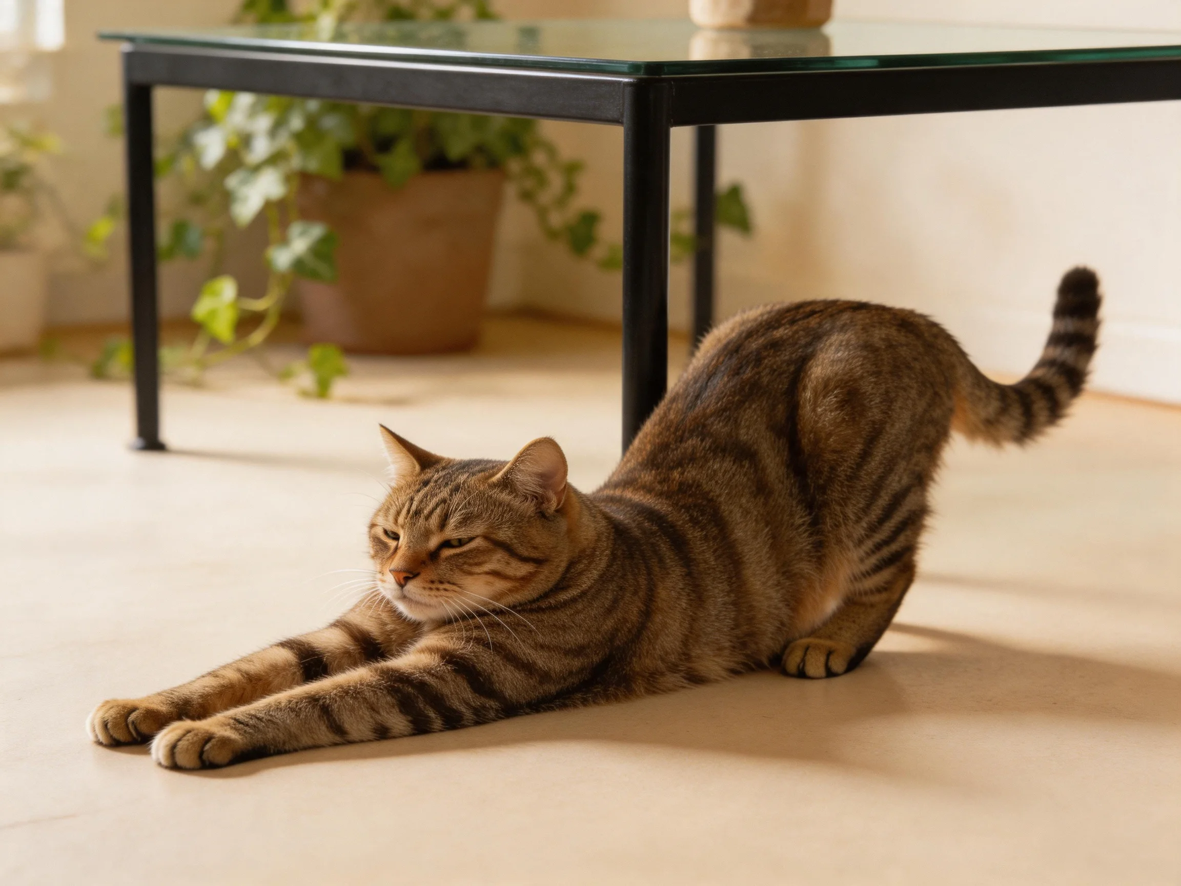 A brown tabby cat stretches near a black-framed glass table with potted greenery