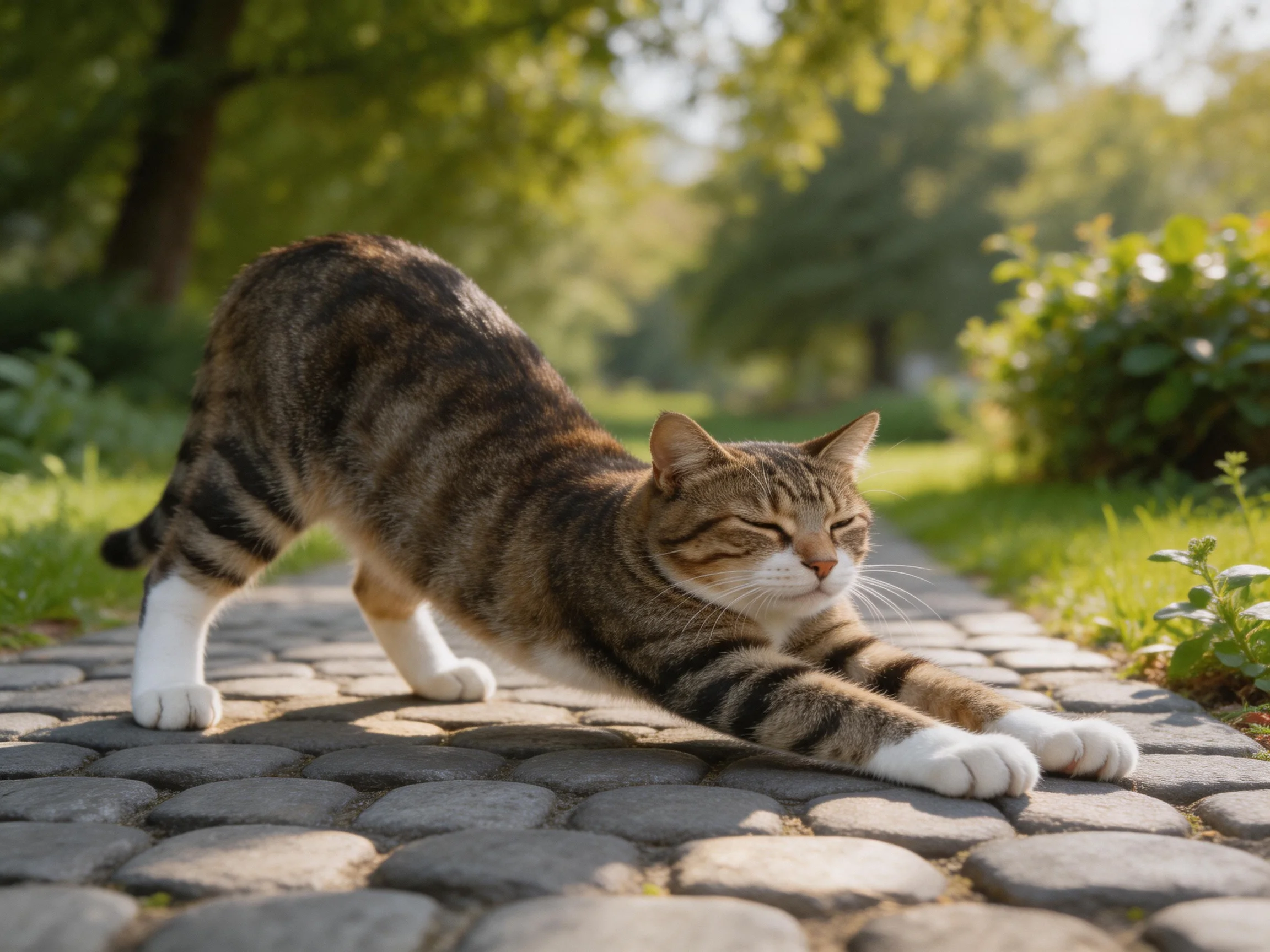A brown tabby cat stretches on a cobblestone path in a sunlit park