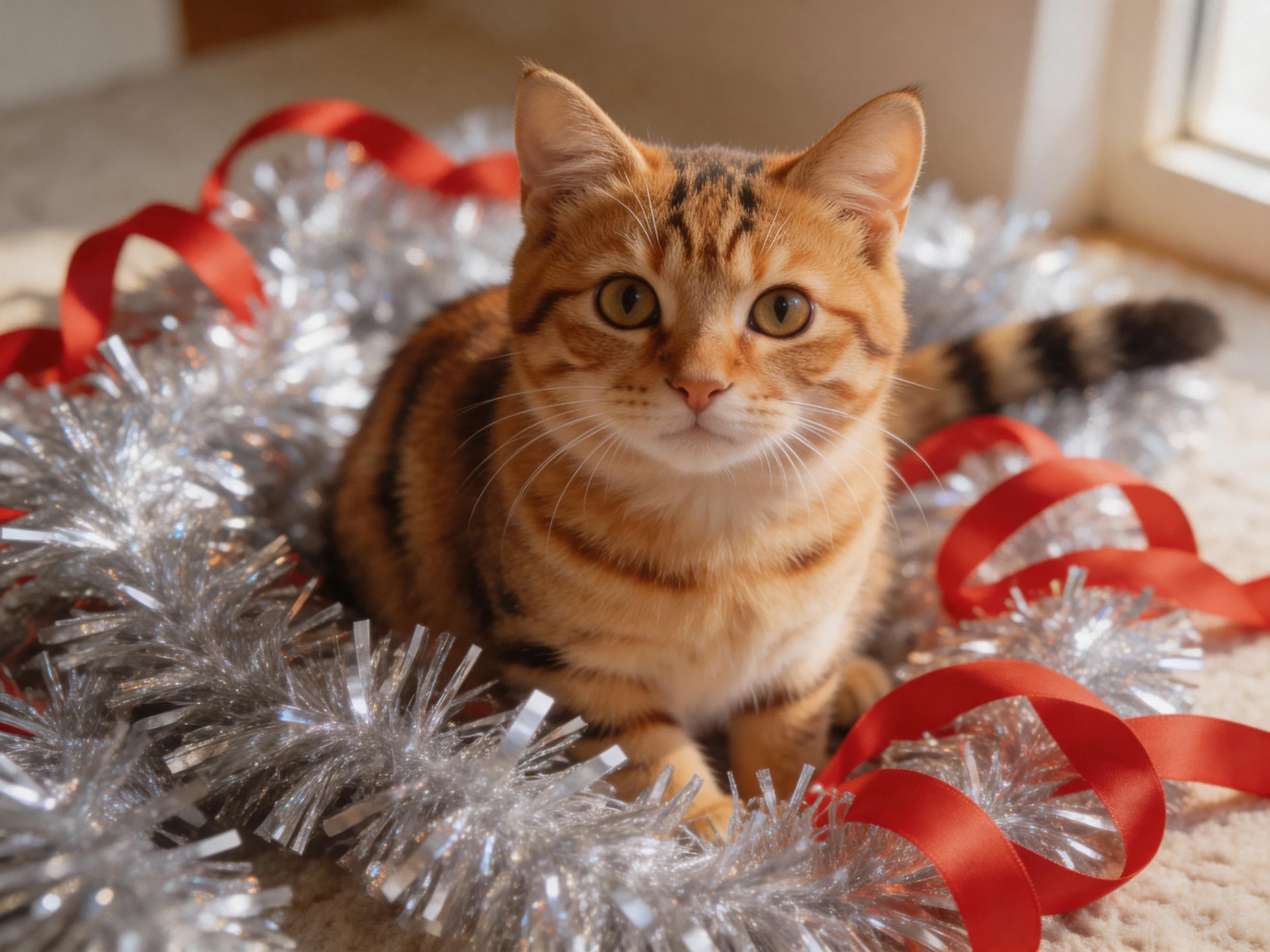 A brown tabby cat surrounded by silver tinsel and red ribbons