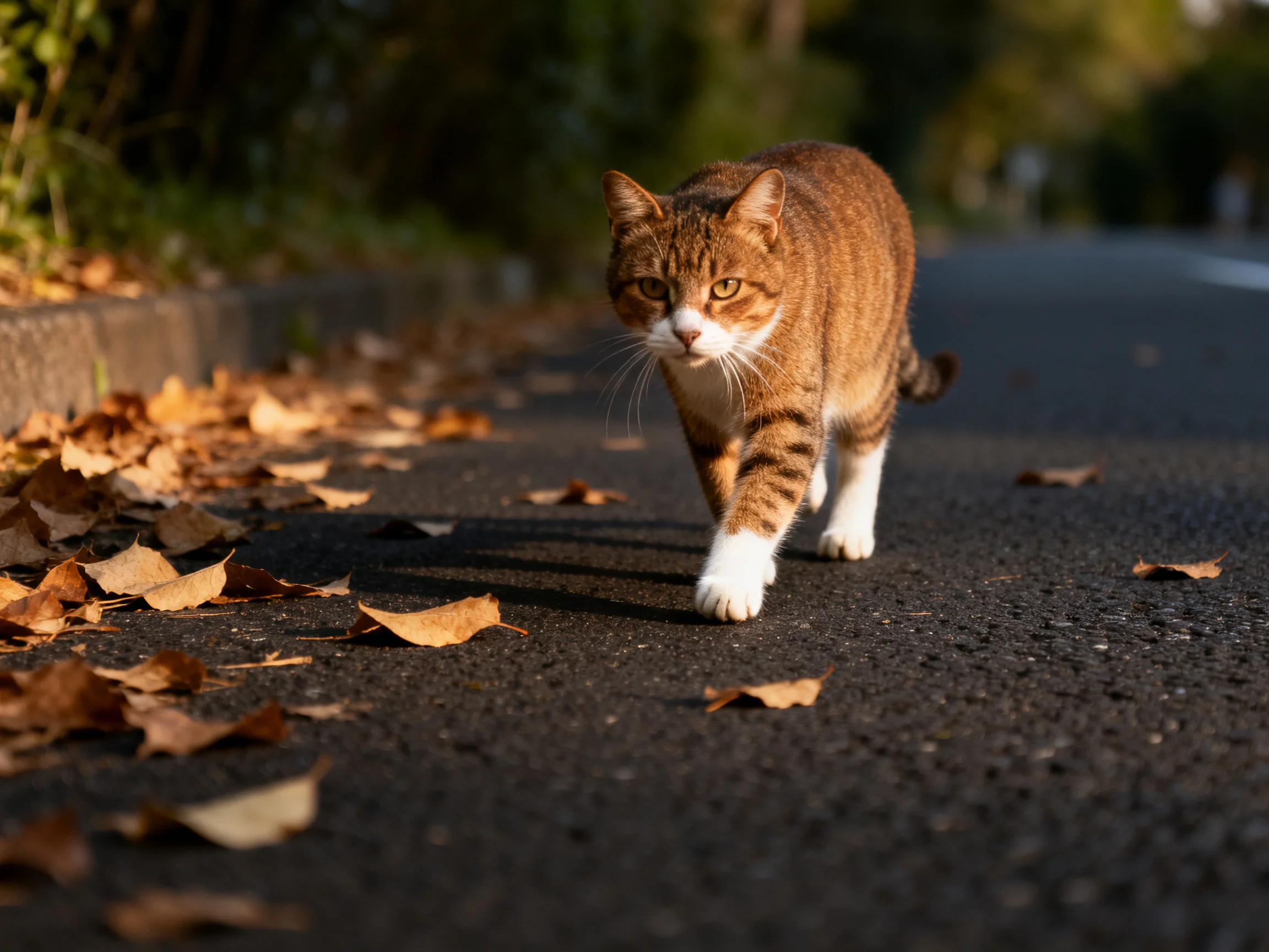 A brown tabby cat walks on an autumn road scattered with fallen leaves.