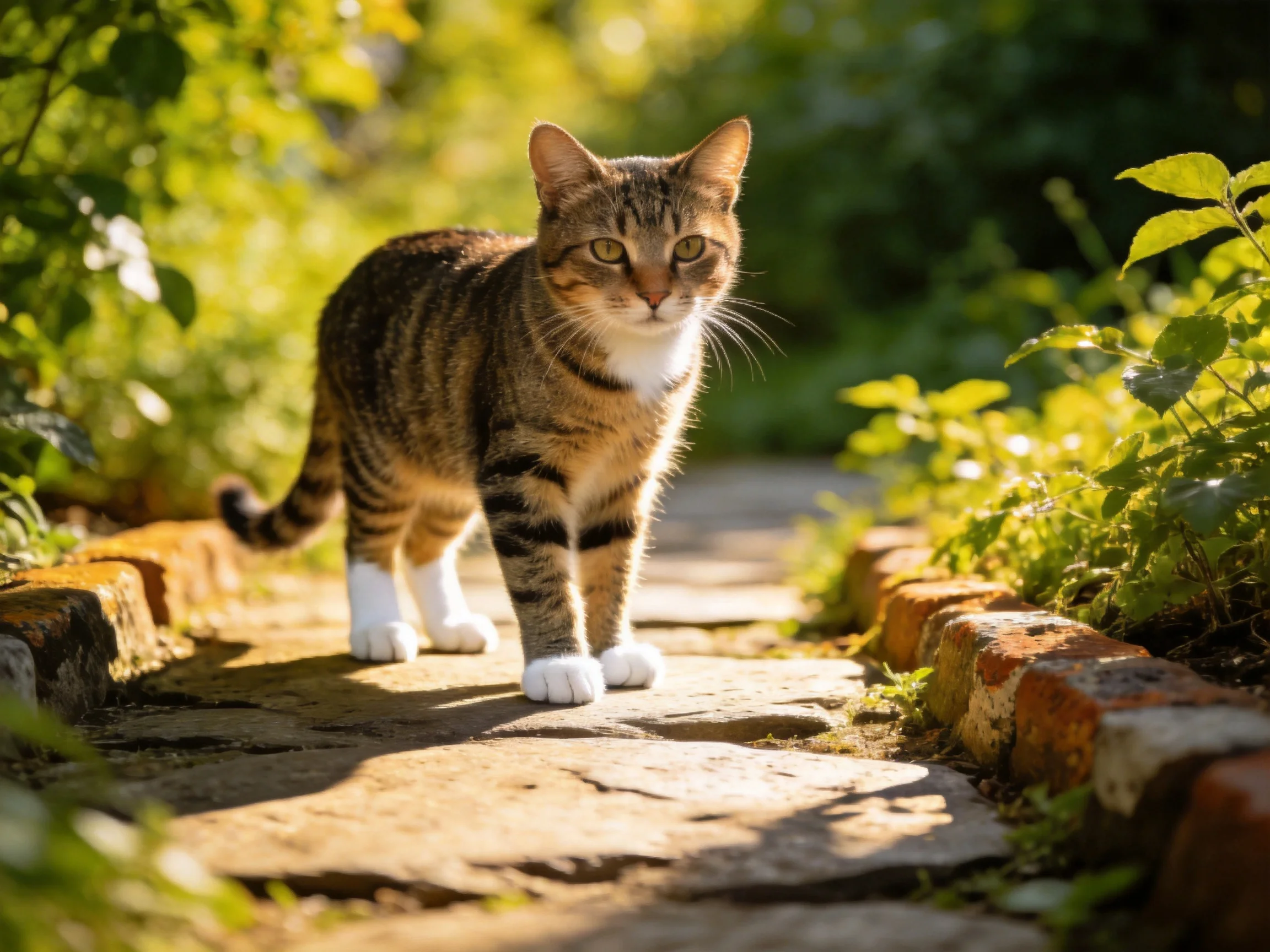 A brown-tabby cat walks on a sunlit stone path in a verdant garden.