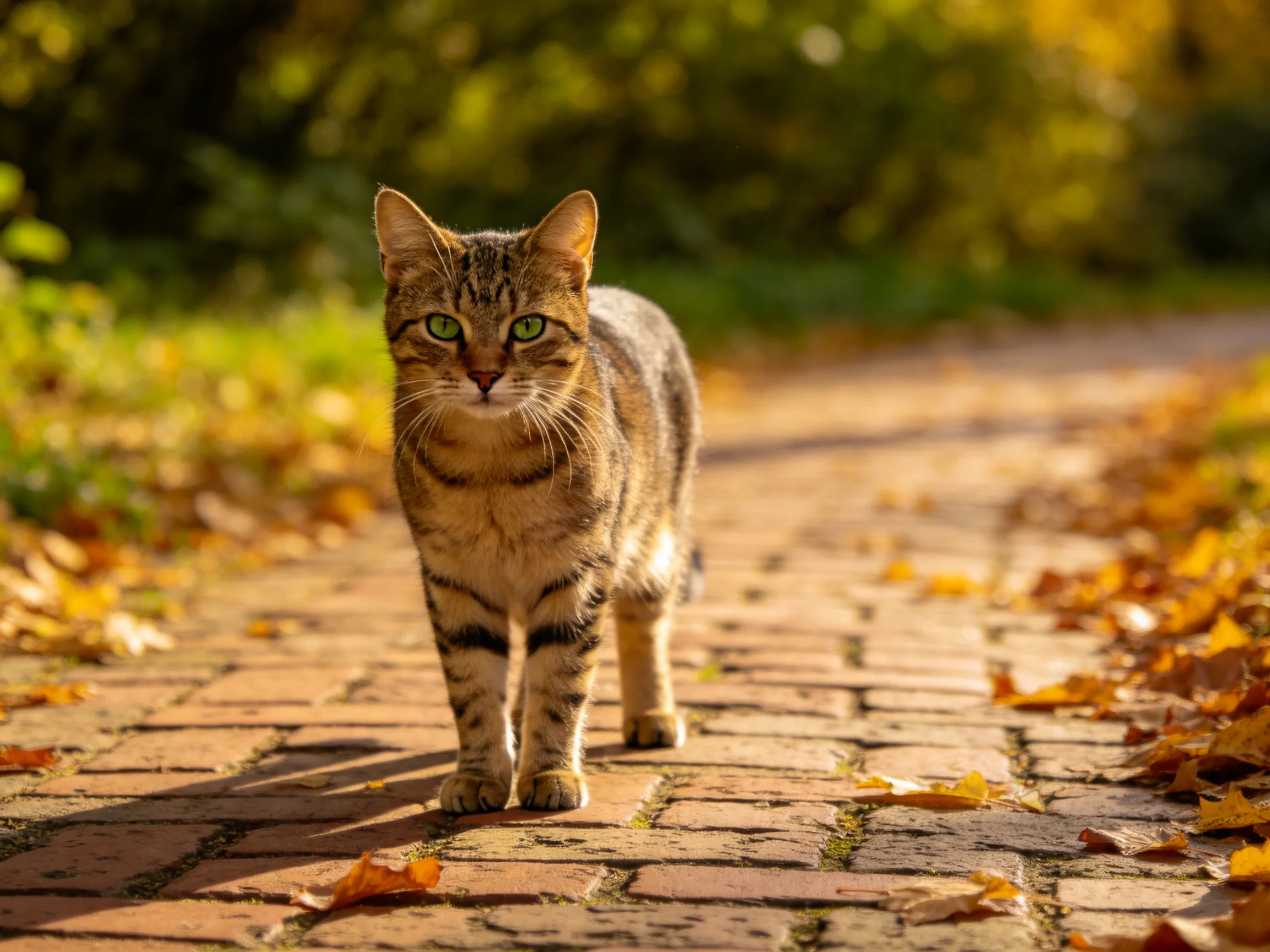 A brown tabby cat walks on a brick pathway lined with autumn leaves.