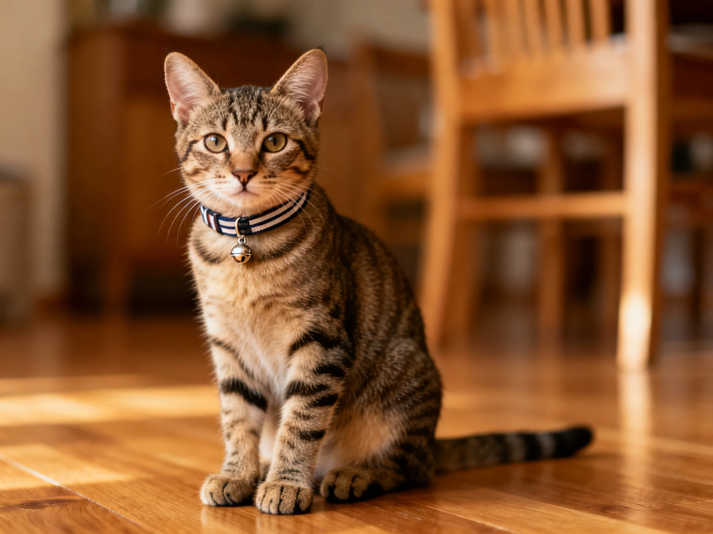 A brown tabby cat sits calmly on a wooden floor indoors