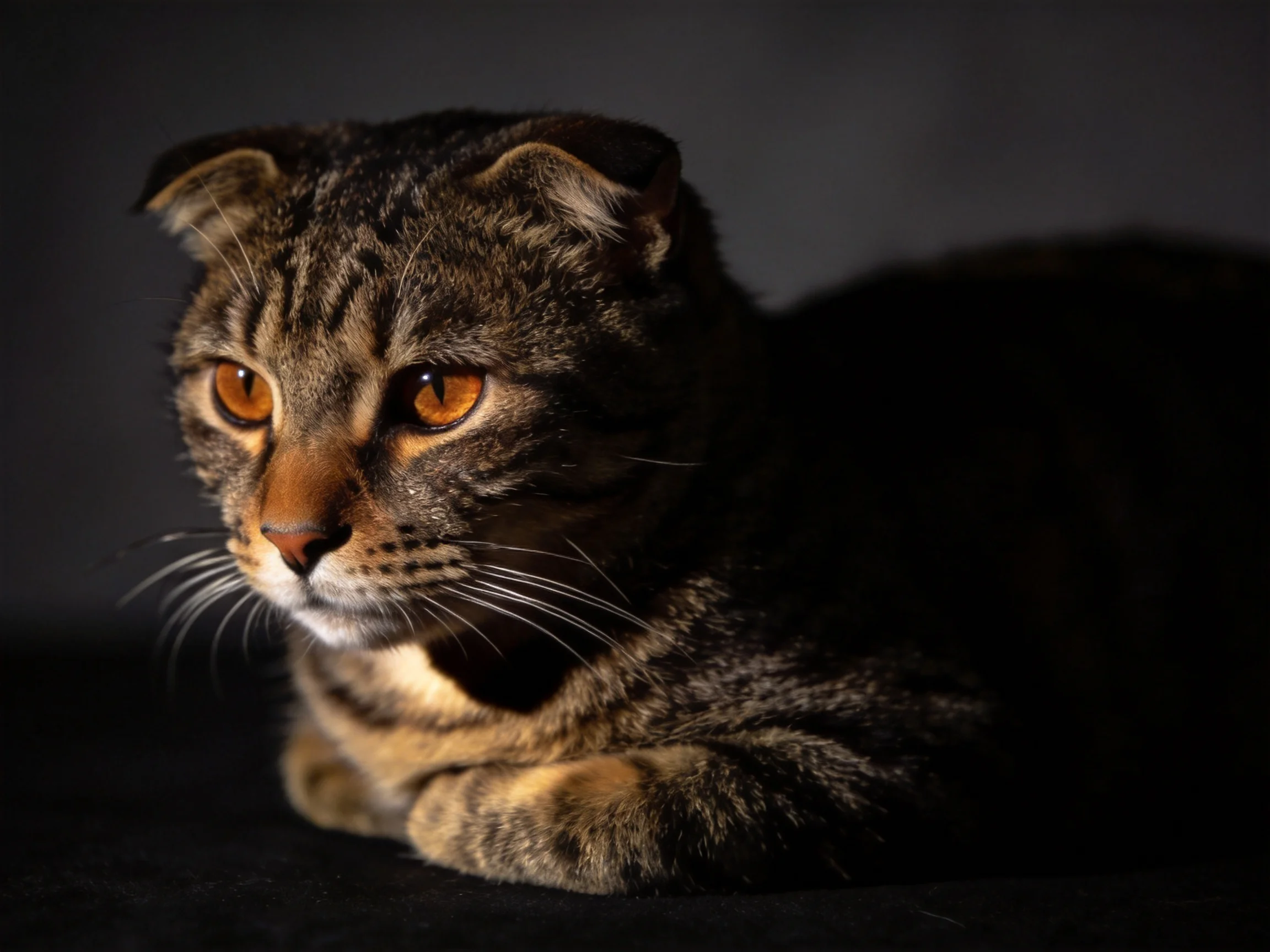 A brown-tabby cat with amber eyes rests