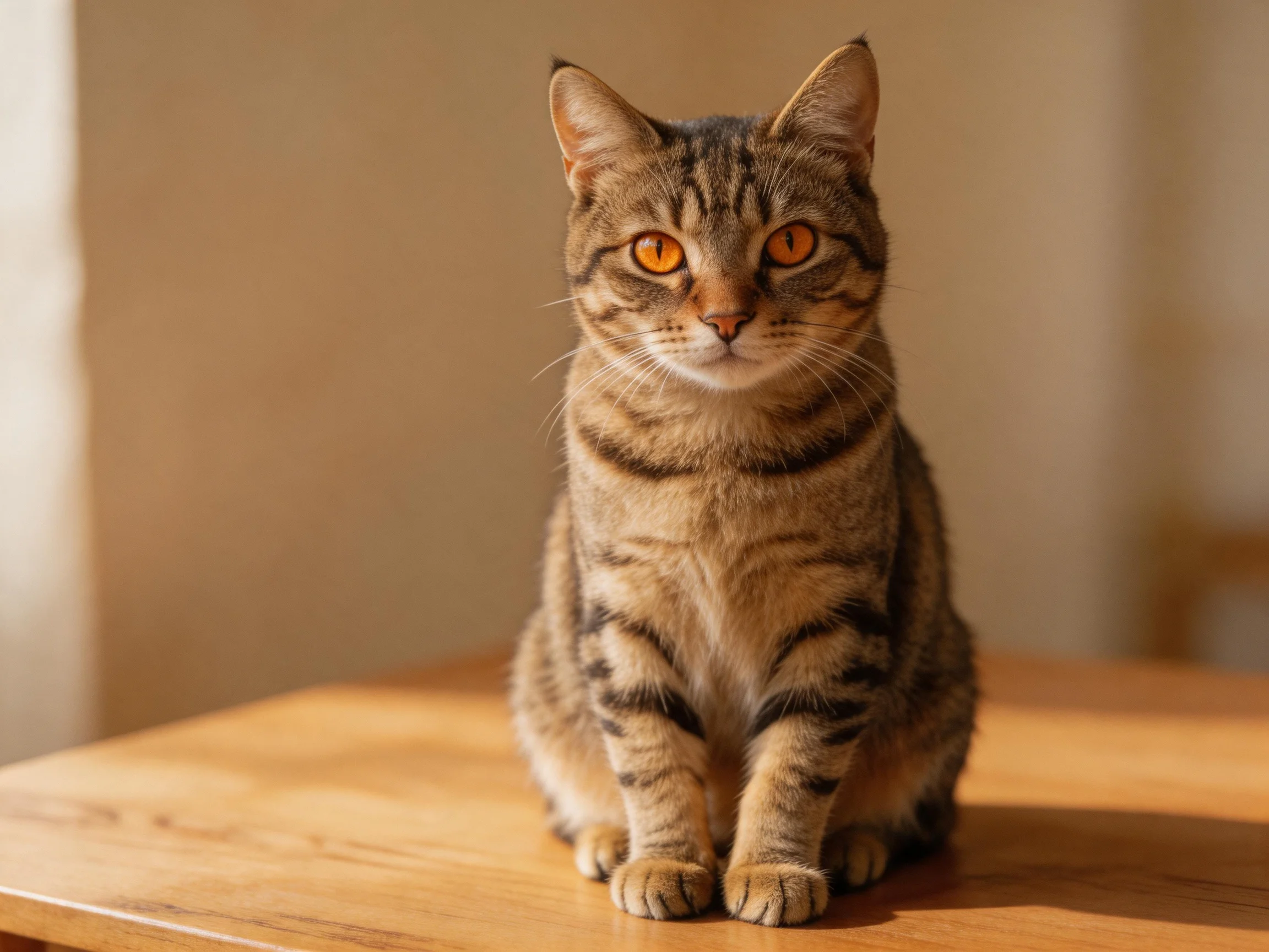 A brown tabby cat with amber eyes sits on a wooden surface.