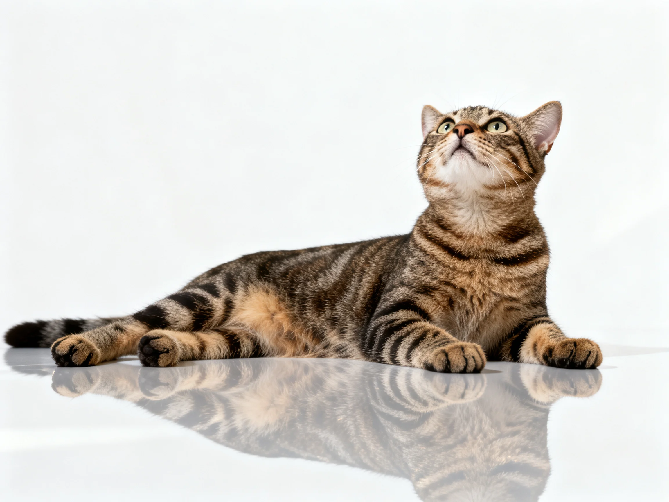 A brown tabby cat with black stripes lies on a reflective white surface