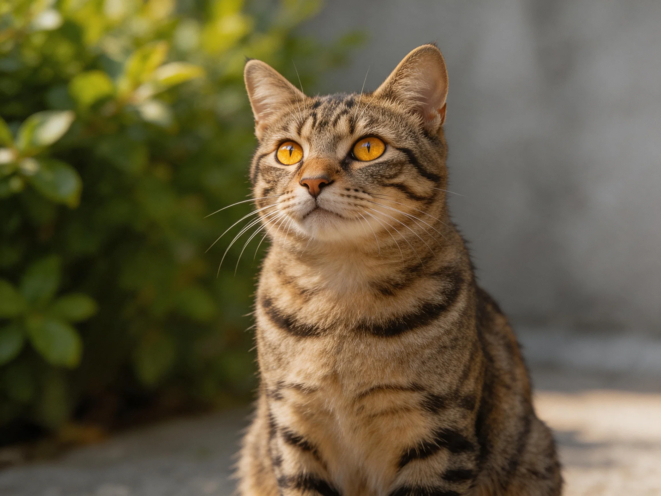 A brown tabby cat with amber eyes sits outdoors near greenery.