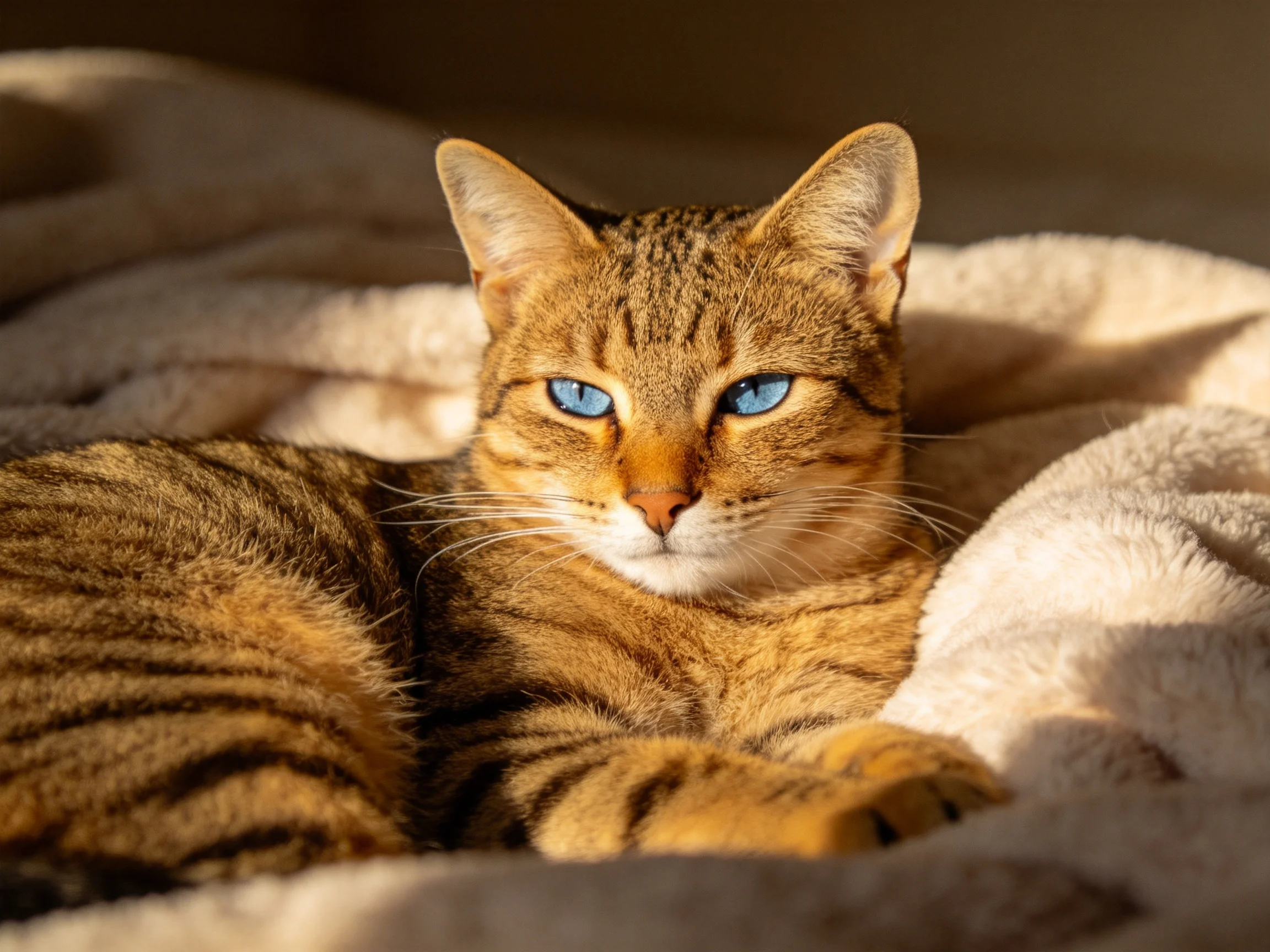A brown tabby cat with blue eyes relaxes on a soft blanket.
