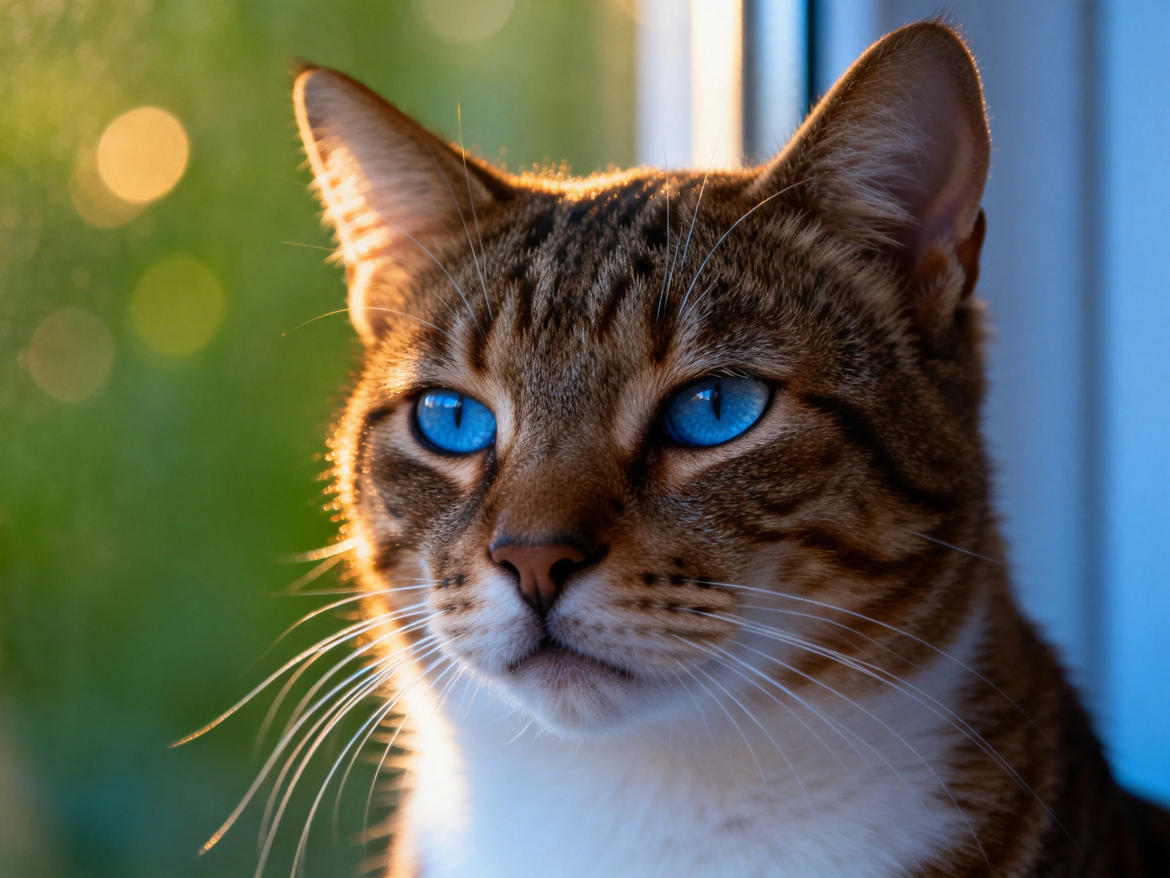 A brown tabby cat with blue eyes sits near a sunlit window.