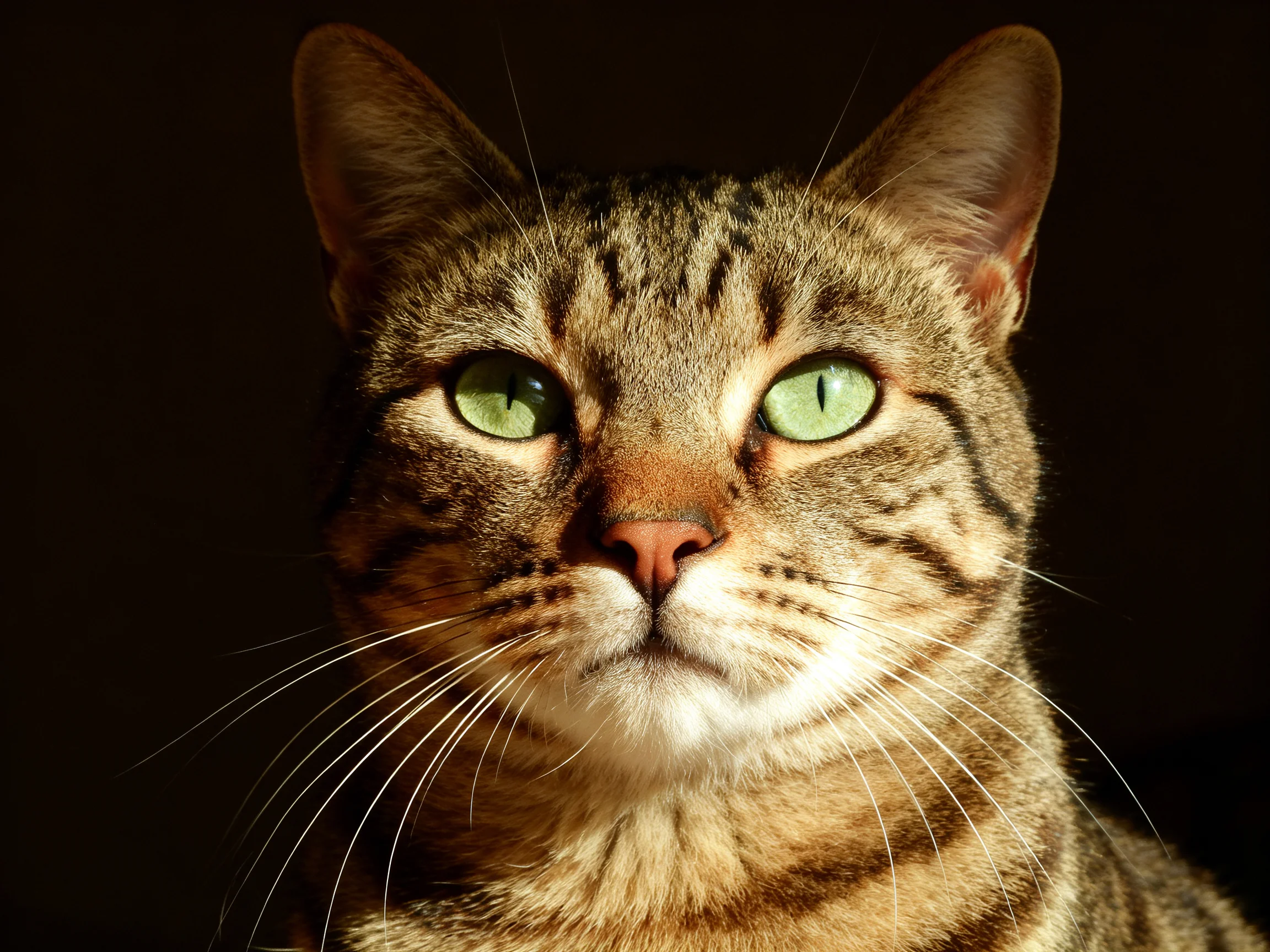A close - up photo of a brown tabby cat with green eyes on a dark background.