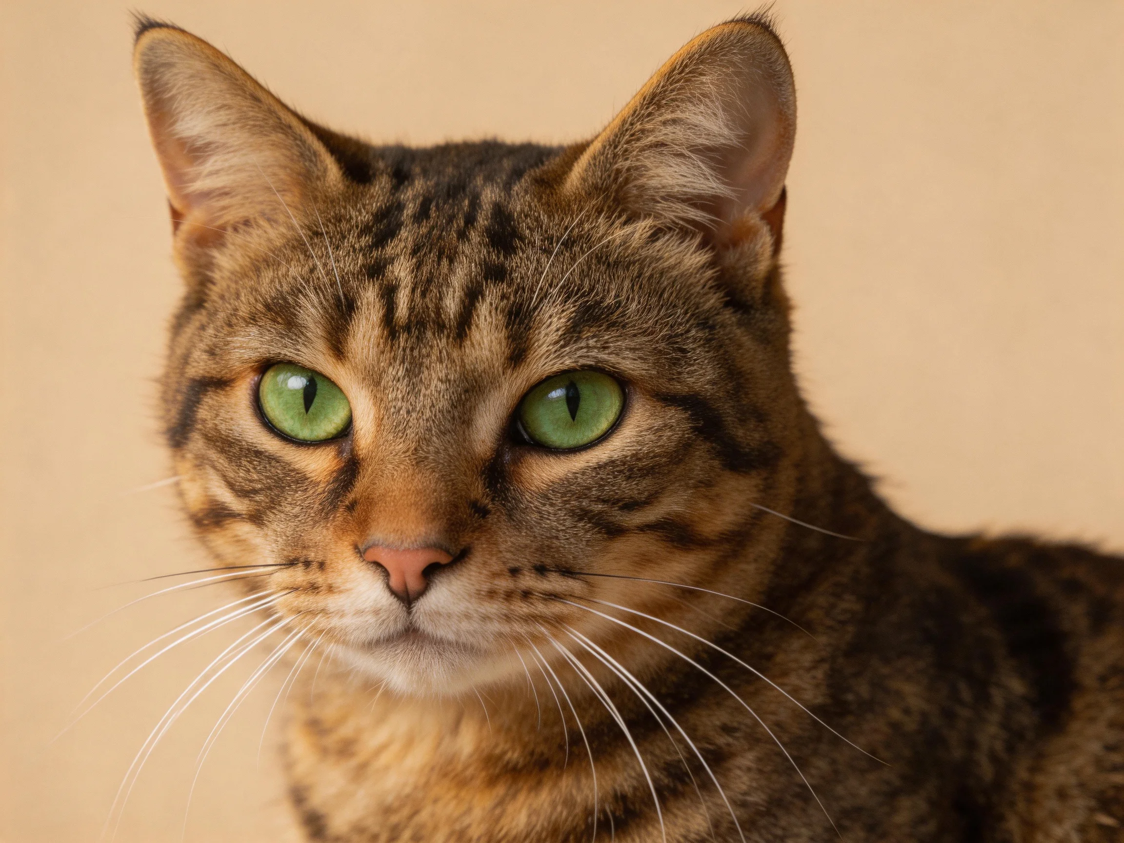 A brown tabby cat with bright green eyes is centered before a plain beige wall.