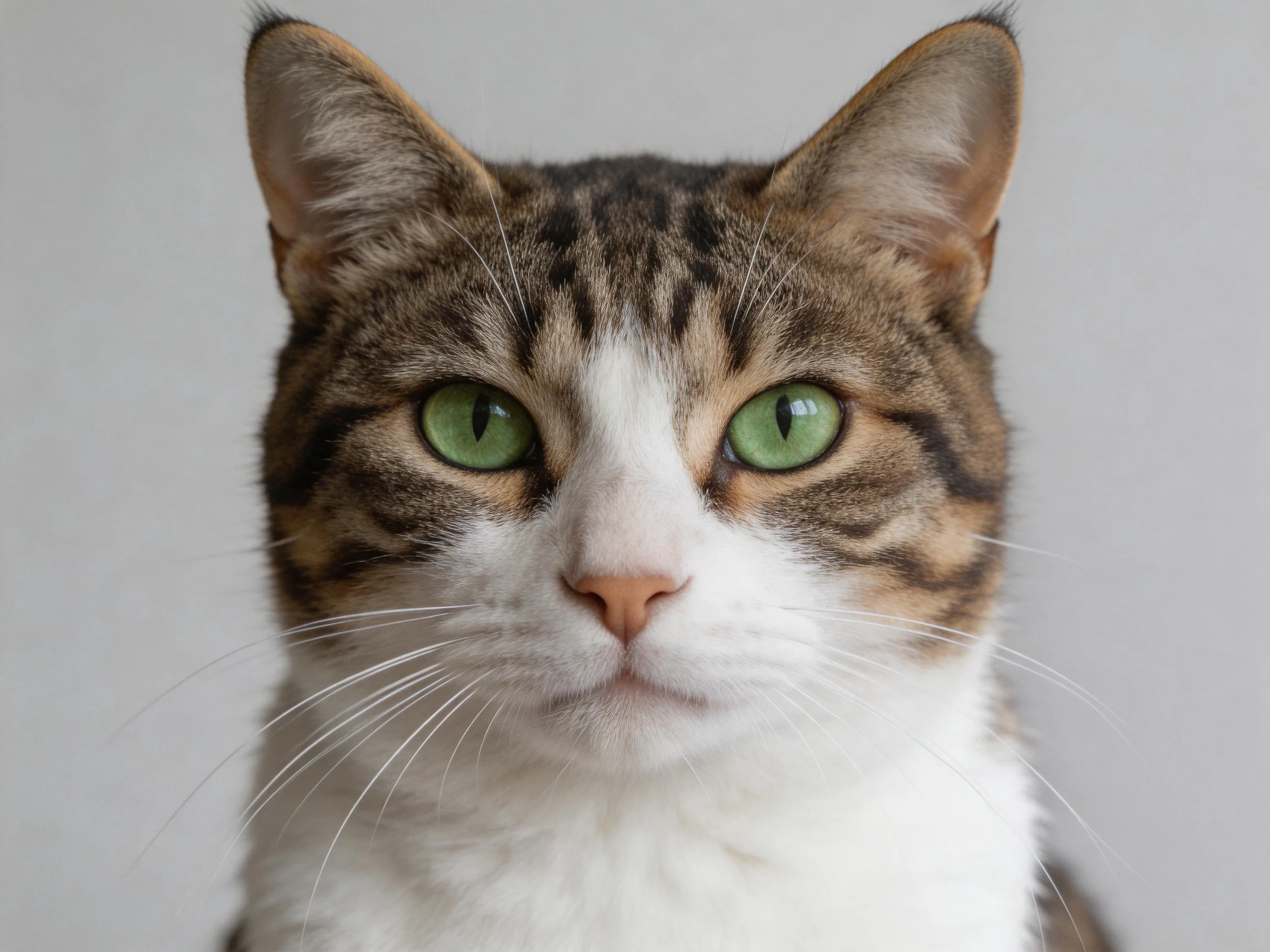 A brown tabby cat with green eyes looks directly at the viewer.