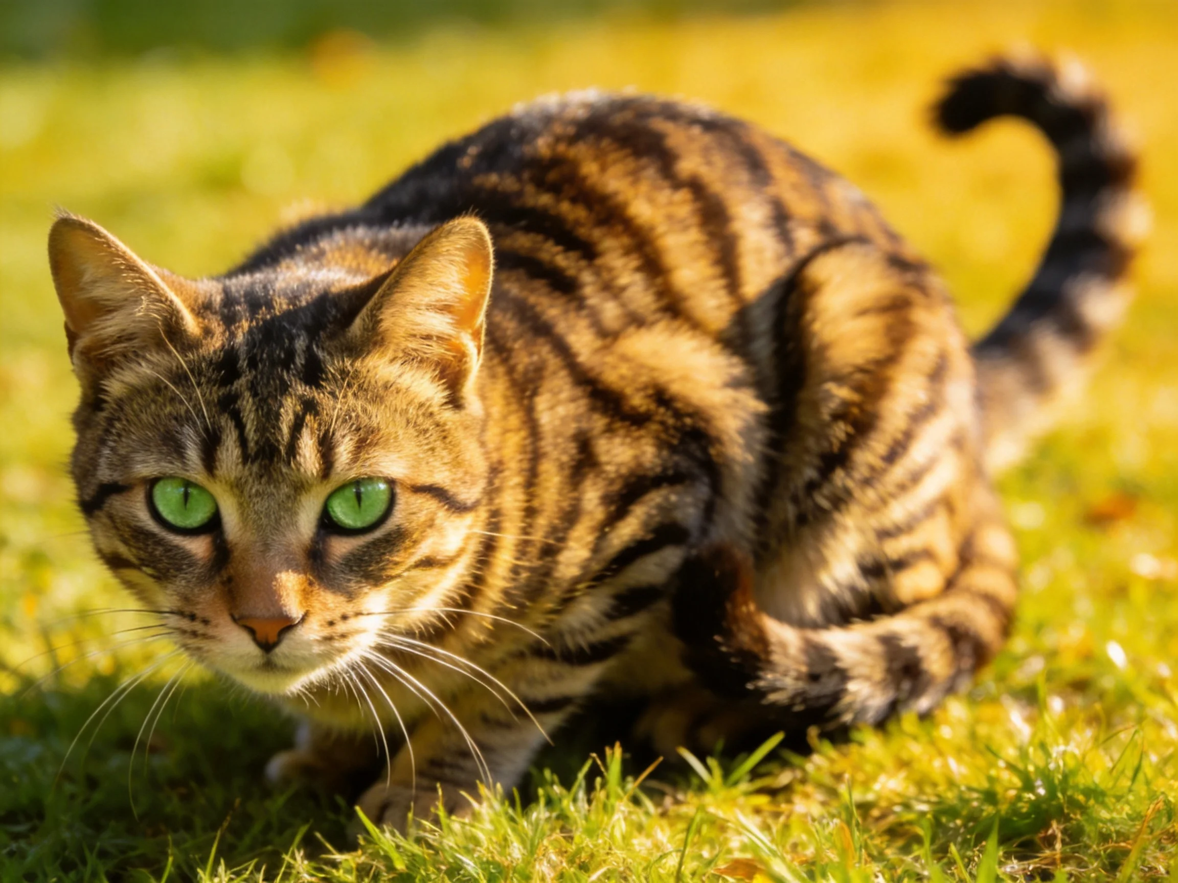 A brown tabby cat with green eyes is crouched on grass in sunlight