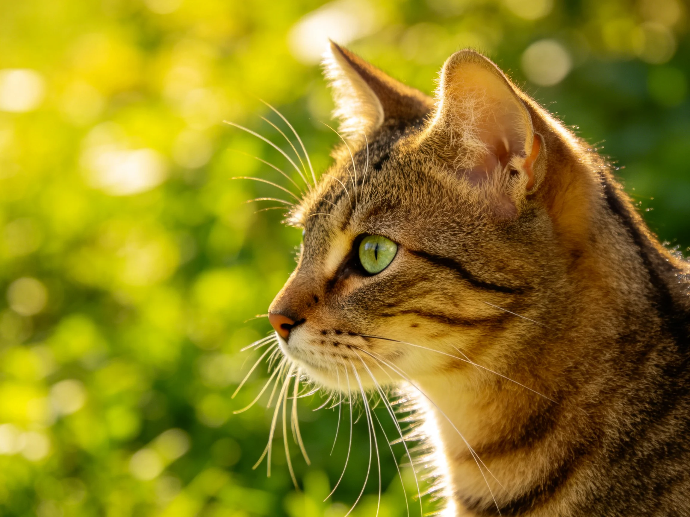 A brown tabby cat with green eyes looks toward sunlit green foliage.