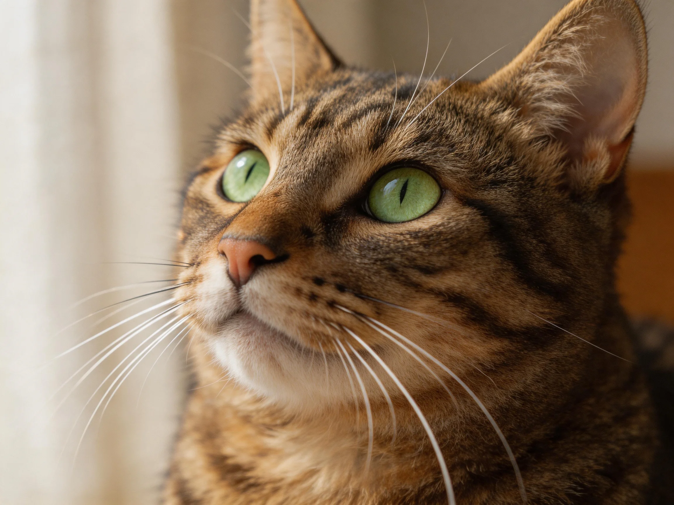A brown tabby cat with green eyes gazes upward in soft lighting.