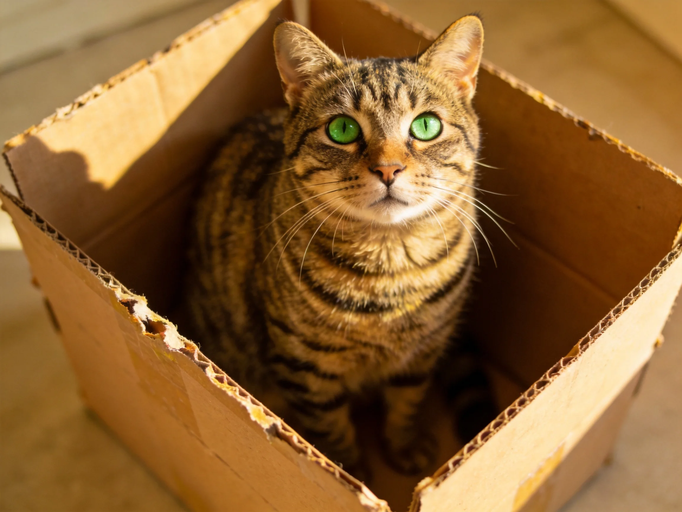 A tabby cat with green eyes sits in a cardboard box
