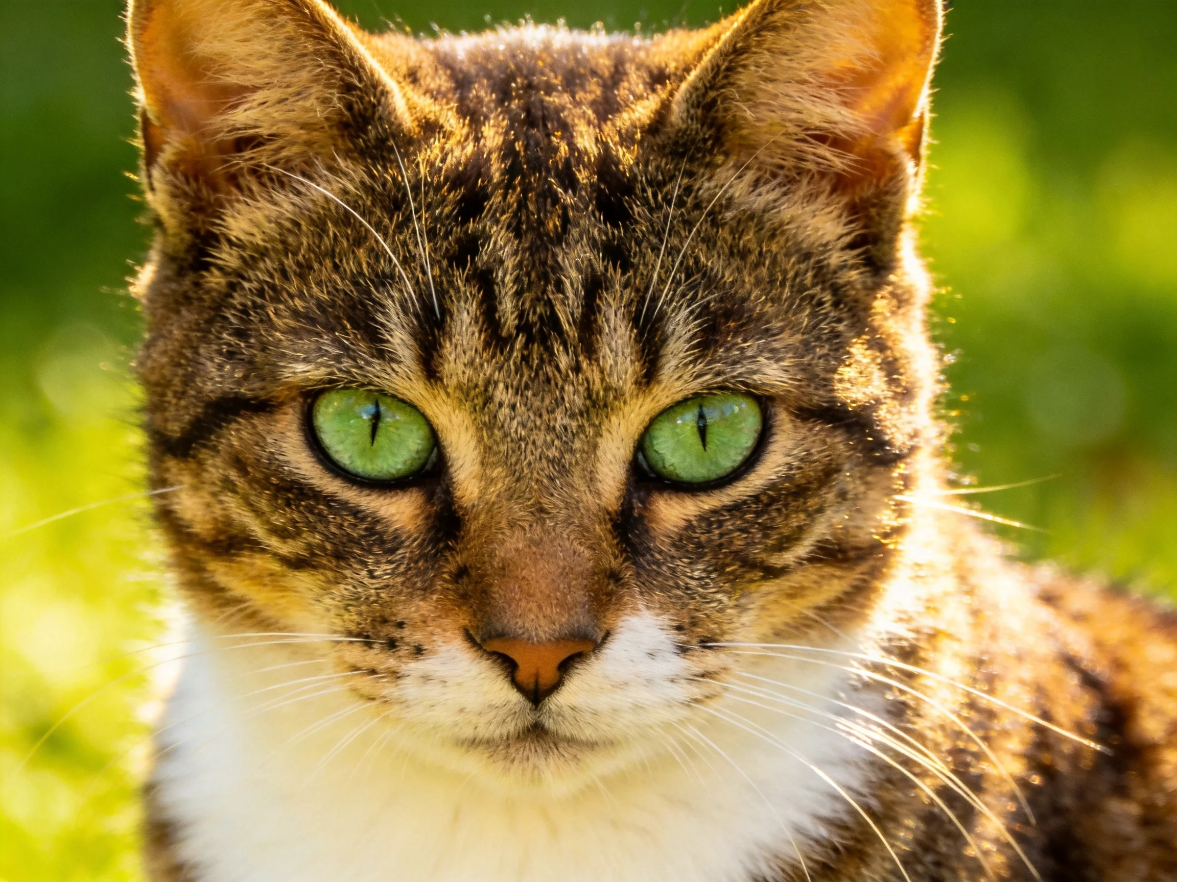 A brown tabby cat with bright green eyes is shown outdoors.